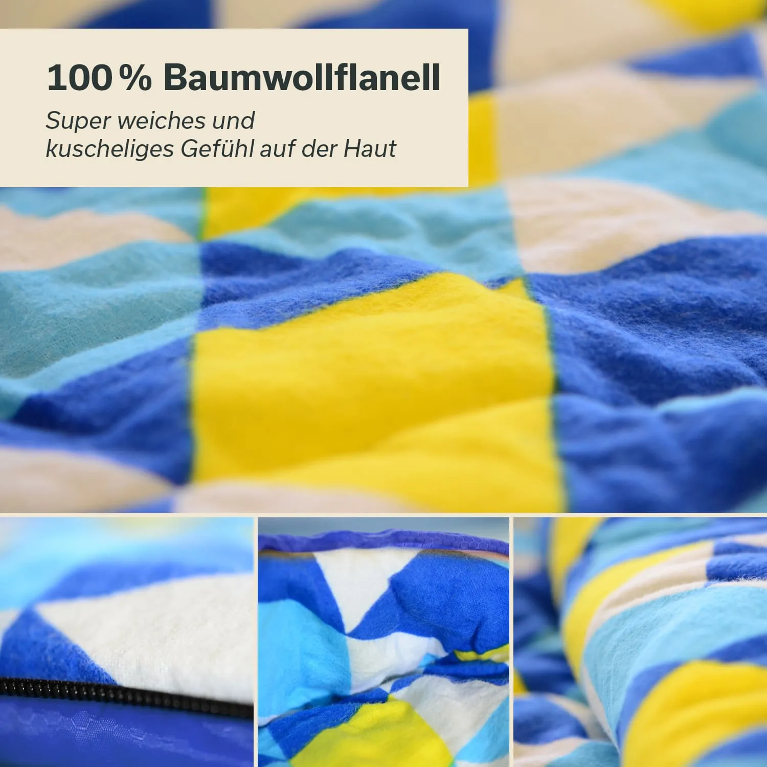 Bunte Decke aus 100 % Baumwollflanell mit geometrischem Muster in Blau, Gelb und Weiß. Nahaufnahme von Textur und Naht.