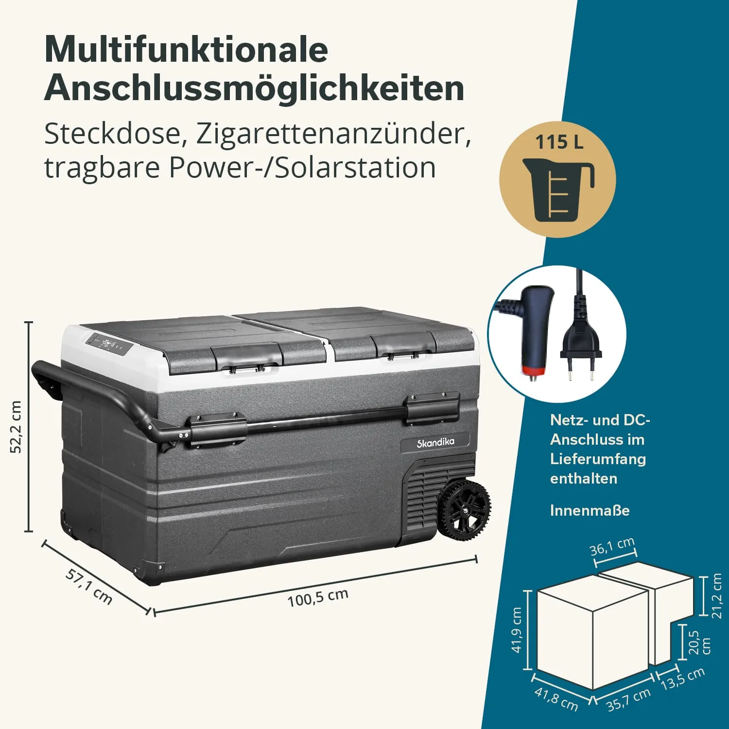 Kühlbox mit den Abmessungen 100,5 cm x 57,1 cm x 52,2 cm, inklusive Anschlüsse für Netz, Zigarettenanzünder und Solar.