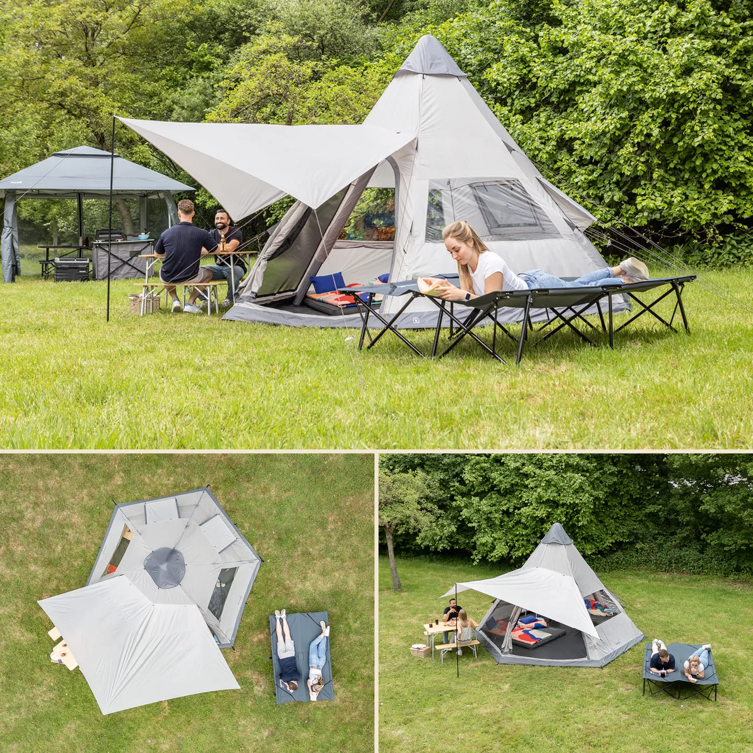 Zeltanlage auf einer Wiese mit mehreren Zelt- und Schlafbereichen. Personen sitzen und liegen entspannt.