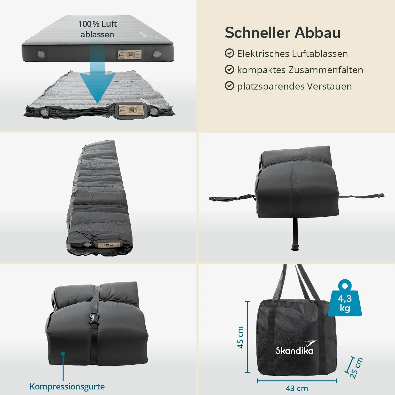 Mattress mit elektrischem Luftablassen, kompaktem Zusammenfalten und einem Tragetasche für platzsparendes Verstauen.