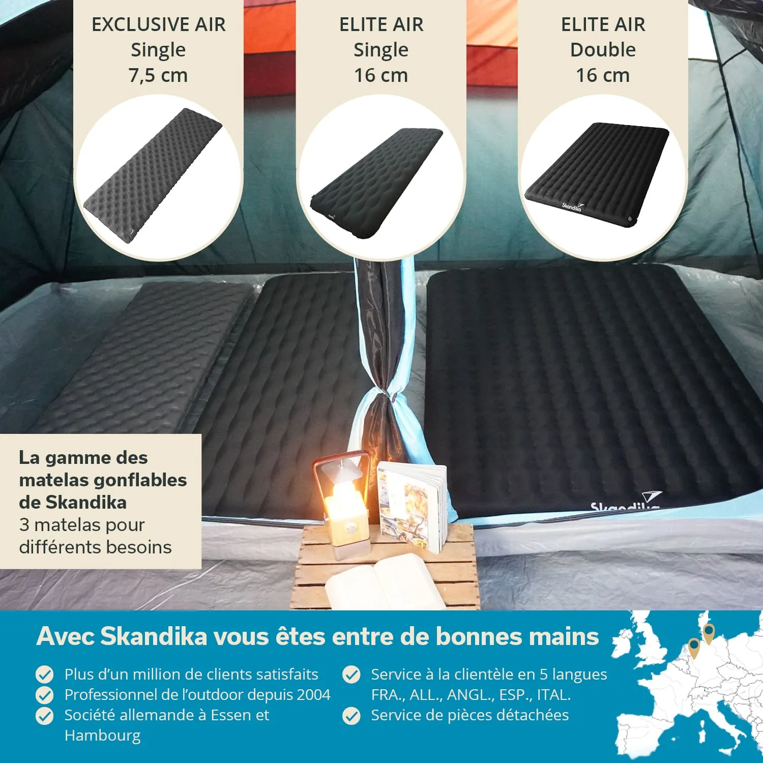 Drei aufblasbare Matratzen von Skandika in einem Zelt, mit verschiedenen Höhen und Informationen in Textform. Ein Tisch mit Lampe und Buch.