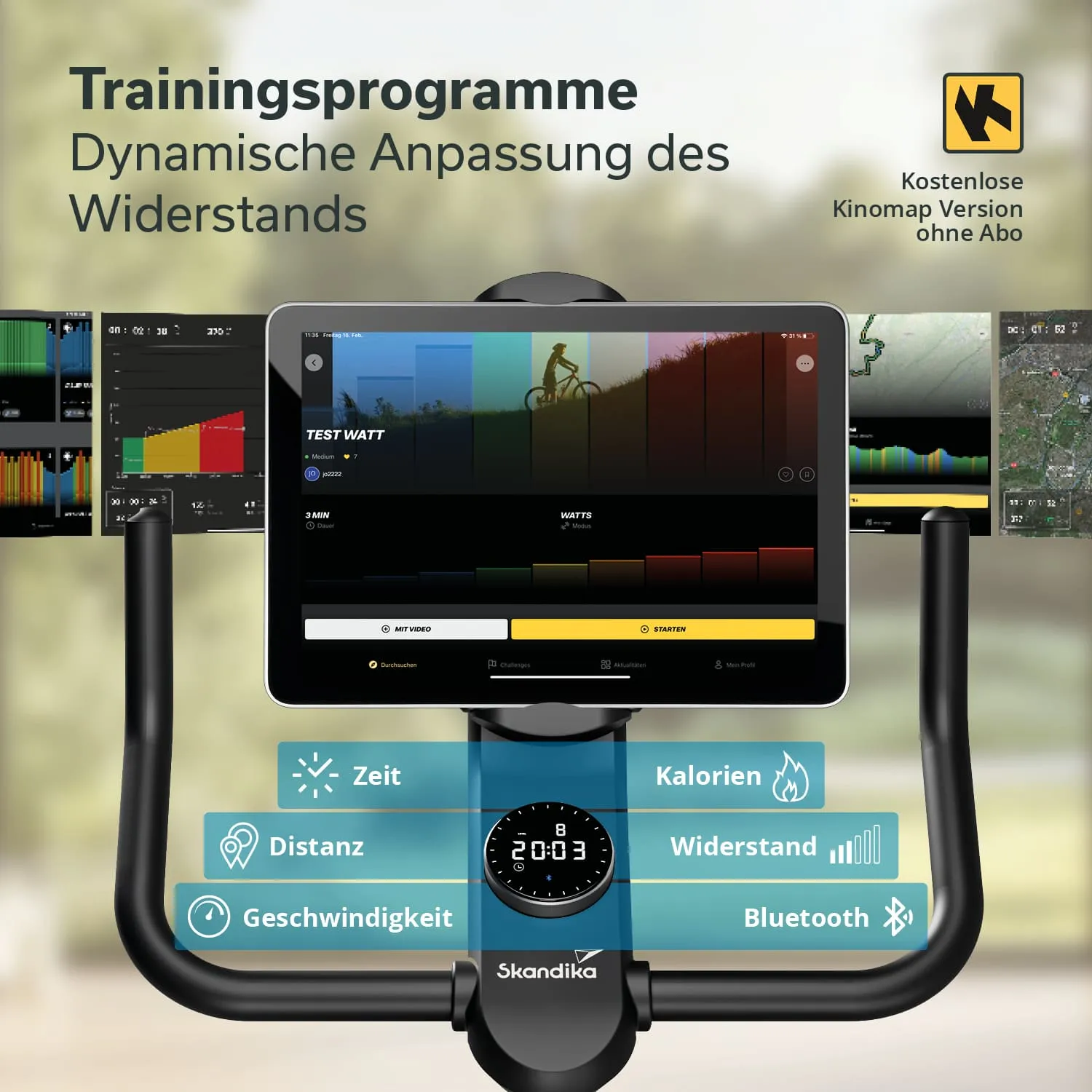 Ein Fitnessgerät mit einem großen Bildschirm zeigt Trainingsprogramme, Widerstandsanpassung und Leistungsdaten an.
