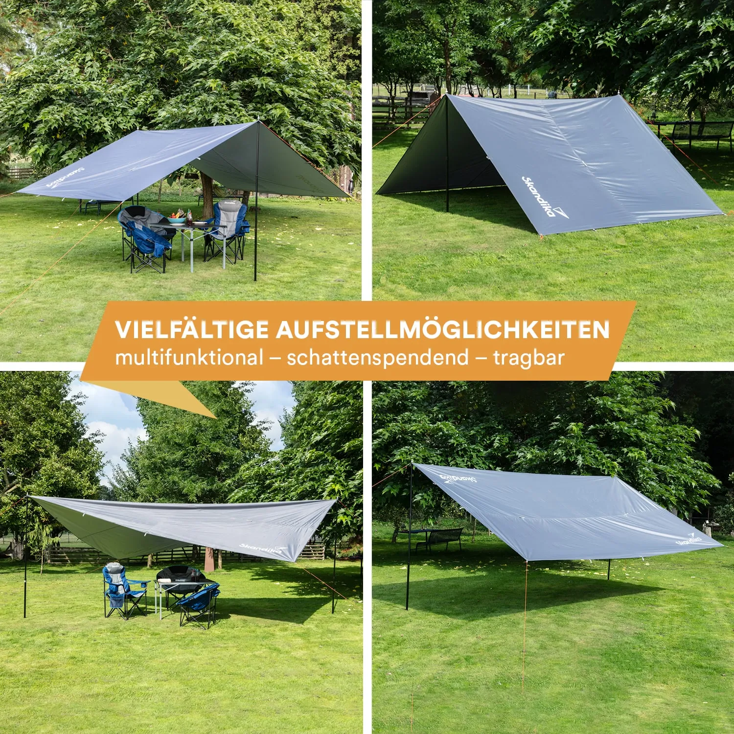 Schattenzelt in verschiedenen Aufstellvarianten auf einer grünen Wiese, umgeben von Bäumen. Zwei Stühle und ein Tisch sind sichtbar.