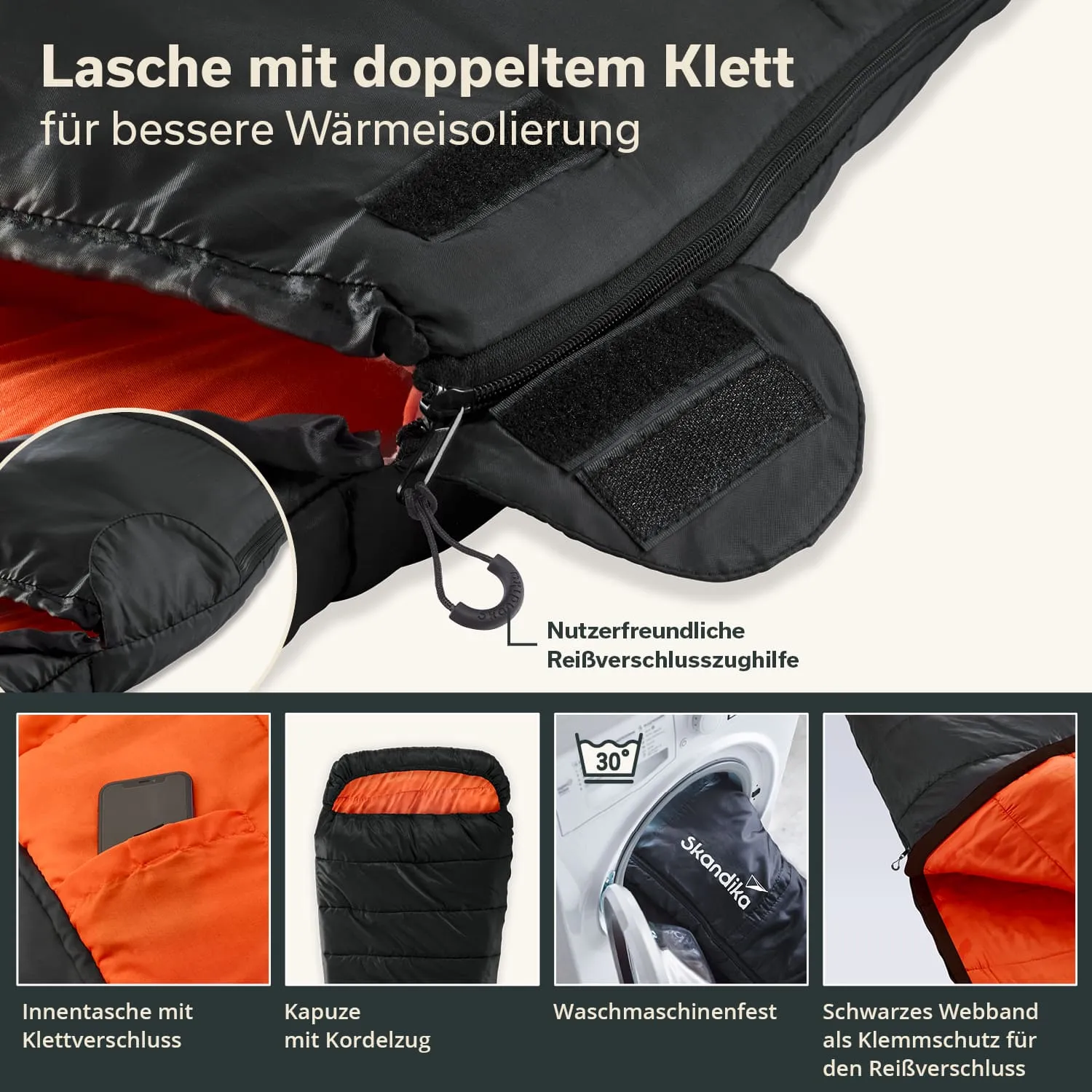 Schlafsack mit doppeltem Klettverschluss, innen orange. Details zu Tasche, Kapuze und Waschmaschinenfestigkeit.