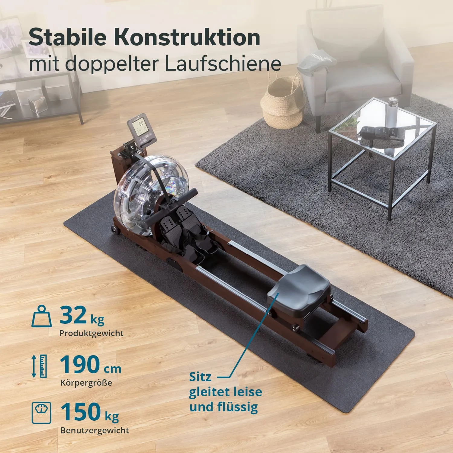 Rudergerät auf einem Teppich mit stabiler Konstruktion. Holzrahmen, Kunststoffsitz und Digitaldisplay. Umgebung mit Möbeln.