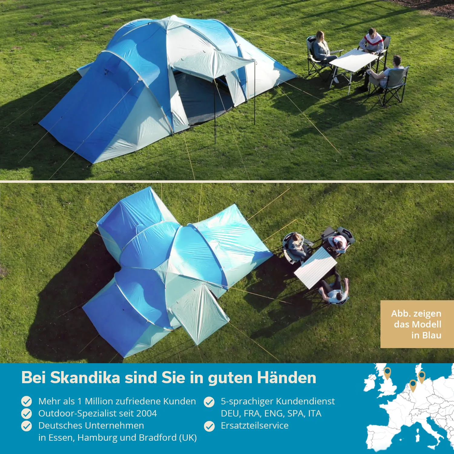 Zelt mit blauer und grauer Bespannung auf Wiese, umgeben von drei Personen an einem Tisch mit Stühlen.