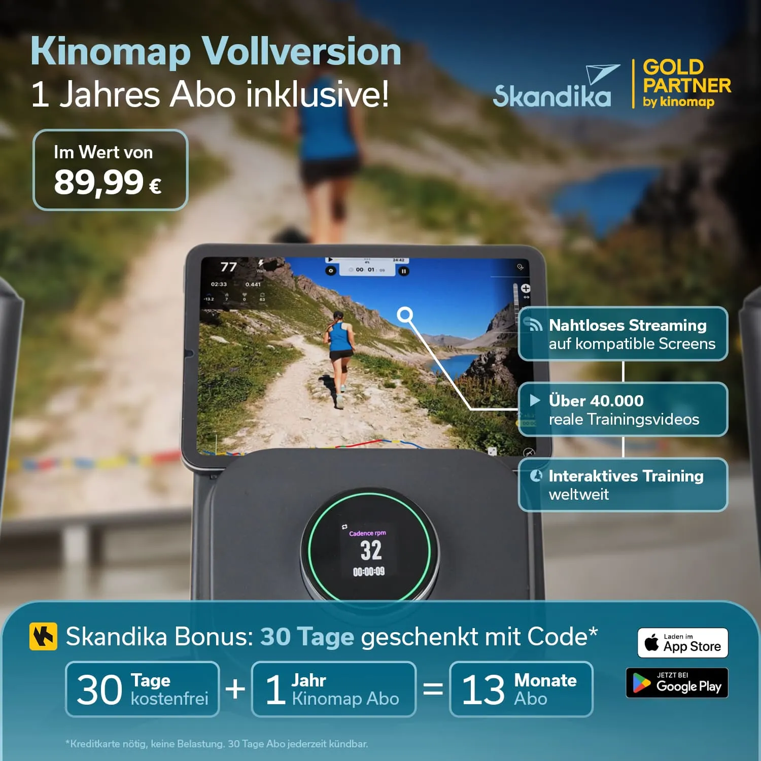 Bild eines Fitnessgeräts mit Bildschirm, der eine Laufstrecke anzeigt. Werbung für Kinomaps Vollversion und Abo-Angebote.