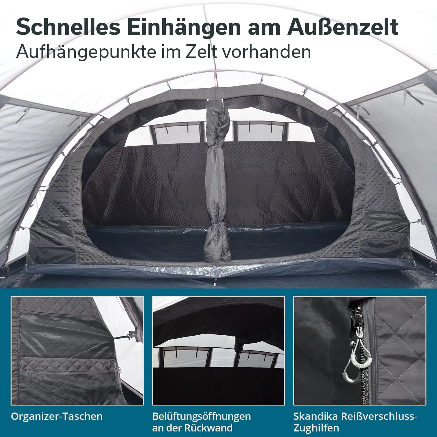 Zeltinnere mit Aufhängepunkten, Bodenbelag und geöffneten Belüftungsöffnungen. Untere Bildteile zeigen Organizer-Taschen und Reißverschluss-Zughilfen.