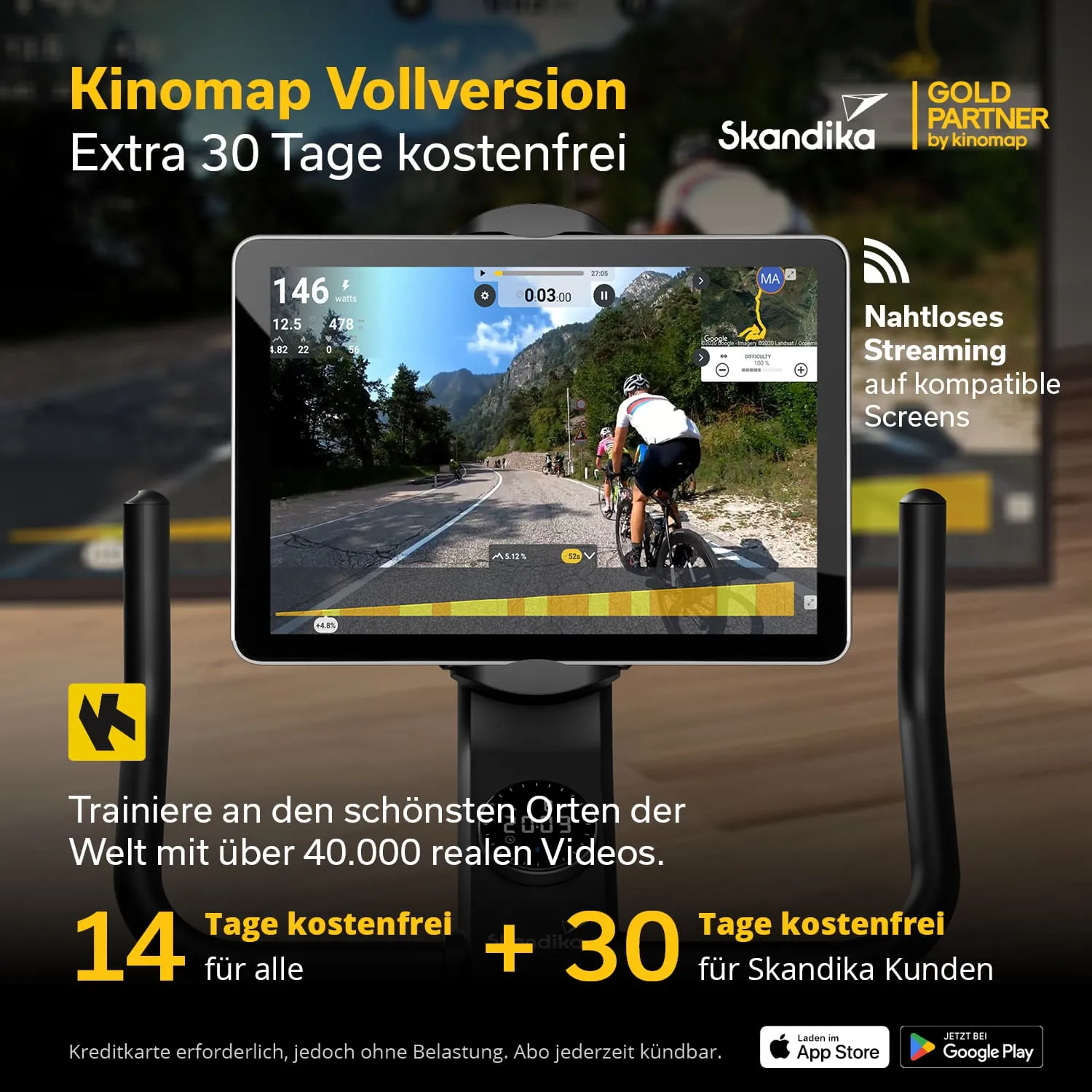 Grafik mit einem Bildschirm, der eine Radfahrstrecke zeigt, und Informationen zu einem Fitnessangebot. Text über kostenlose Testphase und Streaming-Dienste.
