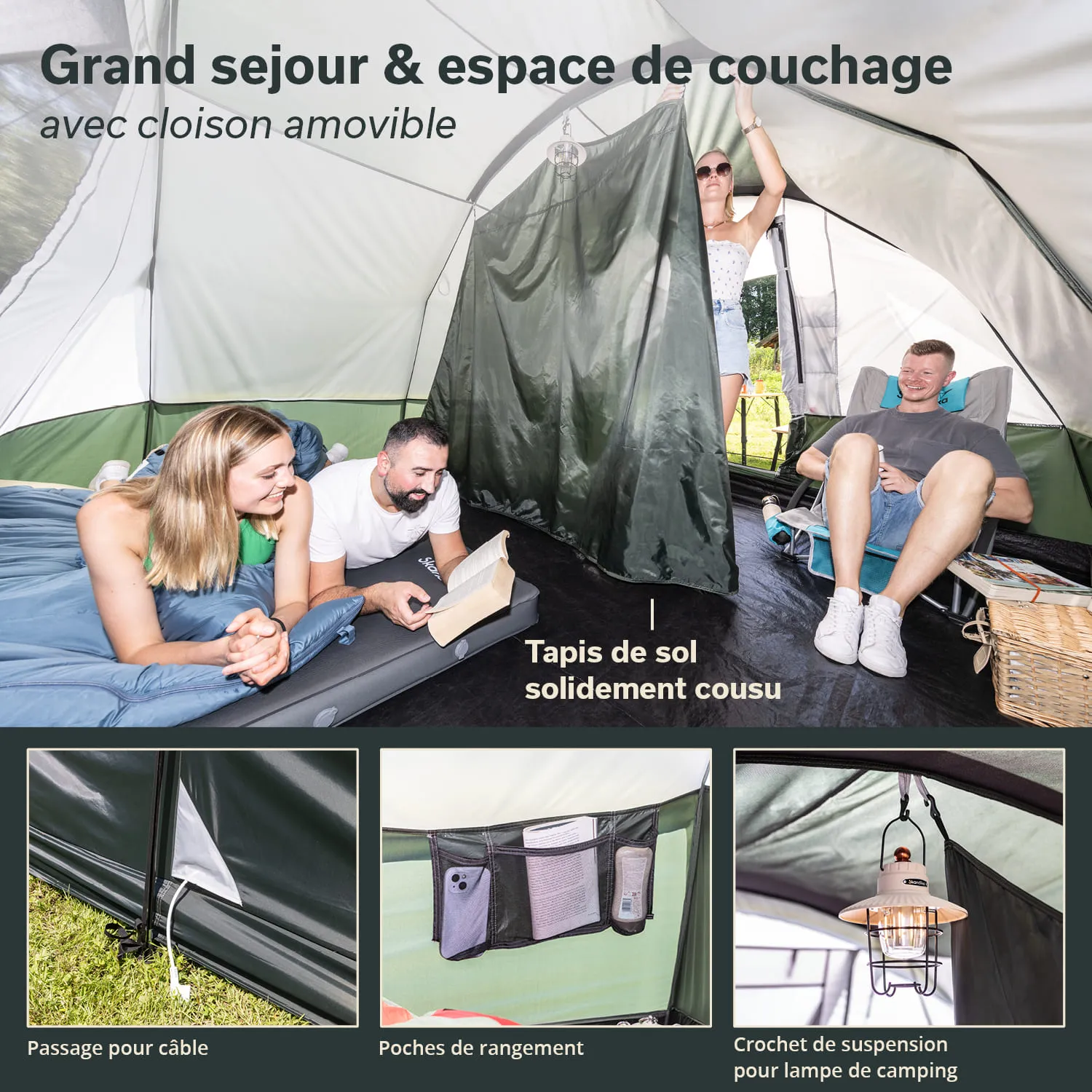 Geräumiges Zeltinnere mit Schlafplätzen. Eine Person liest, während andere sitzen. Sichtbare Taschen und Haken für Campinglampe.