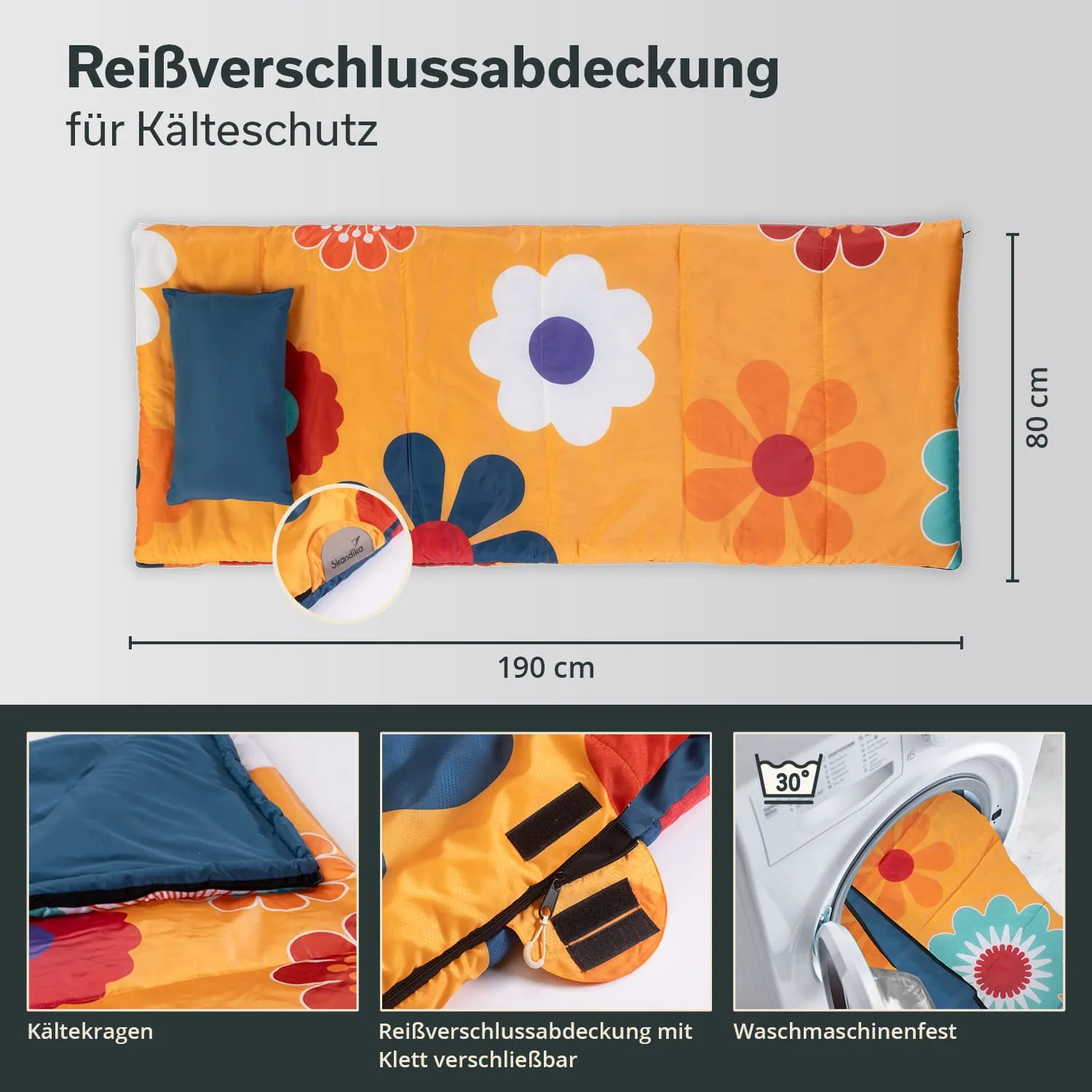 Bunte Schlafdecke mit Blumenmuster, Maßangaben 190 cm x 80 cm, gepolsterte Kältekragen, Waschmaschinenfest.
