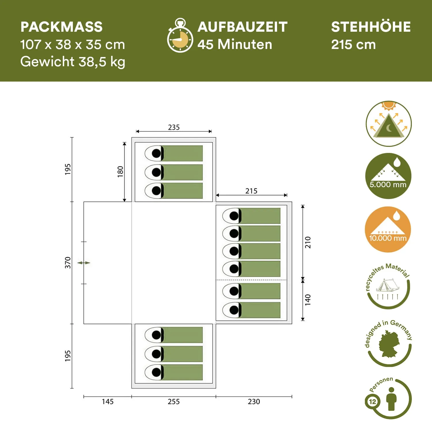 Technische Zeichnung eines Zeltes mit Packmaßen, Aufbauzeit, Gewichtsangabe, Stehhöhe und Wasserbeständigkeit.