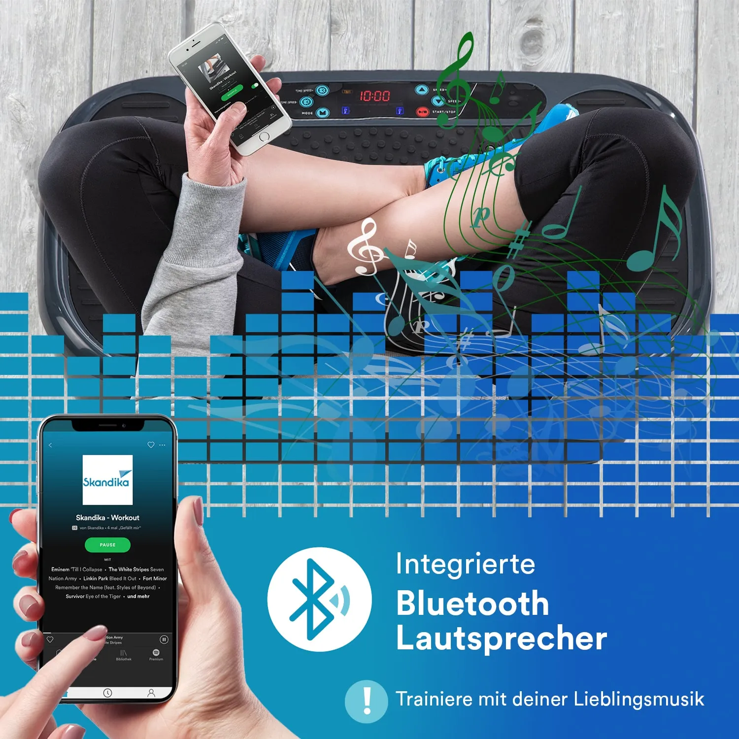 Person sitzt auf einem Fitnessgerät, hält ein Smartphone in der Hand. Grafiken von Musiknoten sind im Hintergrund.
