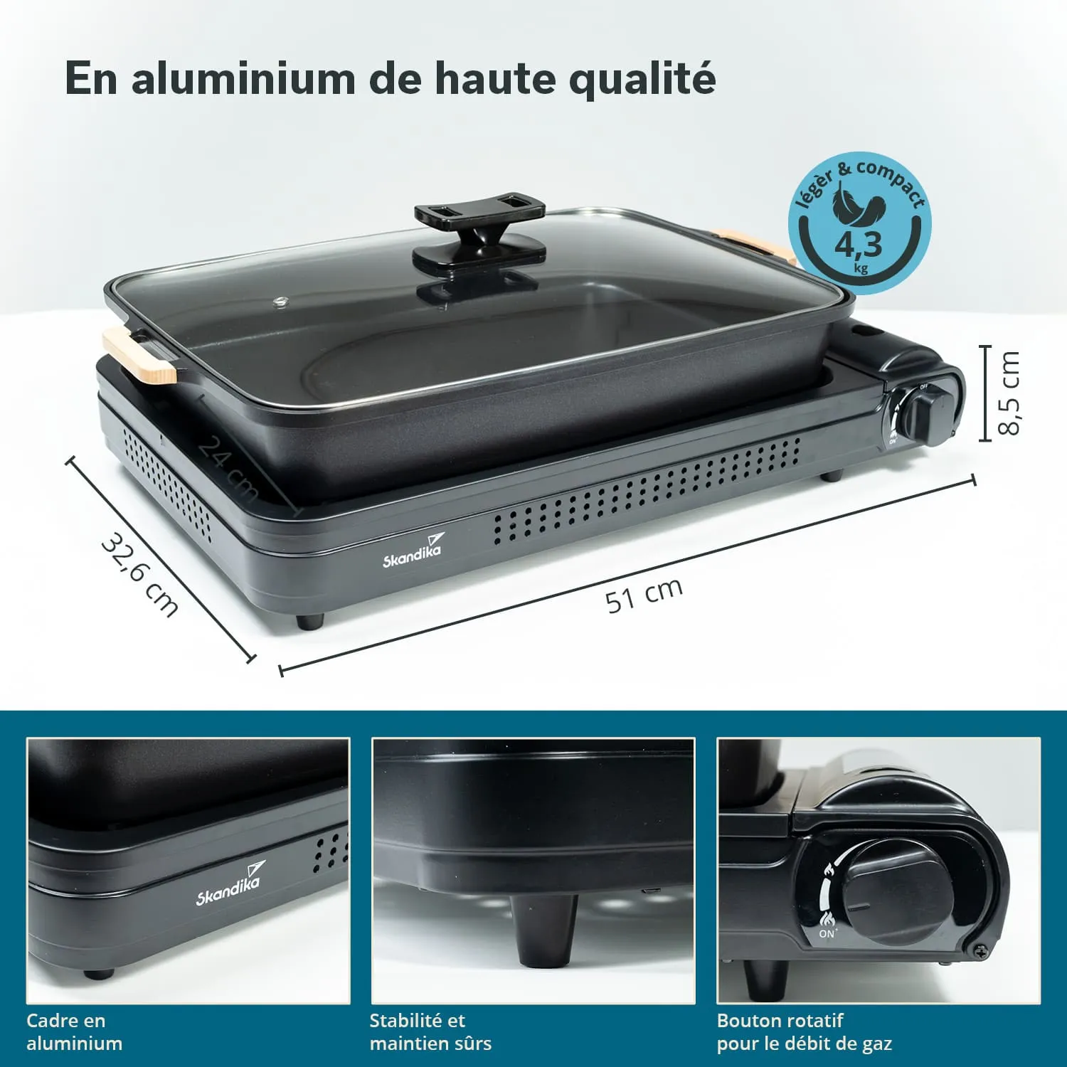 Elektrogrill aus Aluminium in Schwarz mit Glasdeckel und Drehregler. Maße: 51 cm x 32,6 cm x 8,5 cm. Marke: Skandika.