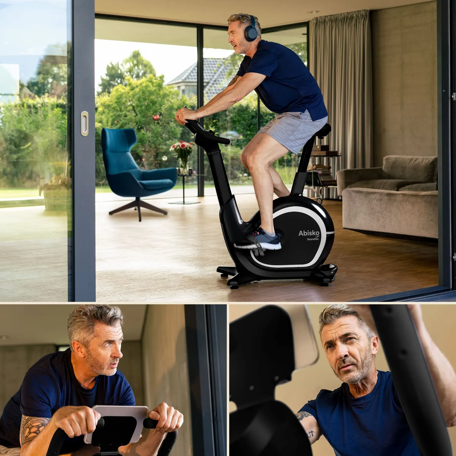 Eine Person trainiert auf einem schwarzen Heimtrainer in einem modernen Raum mit großen Fenstern. Im Hintergrund sind ein blauer Sessel und Pflanzen sichtbar.