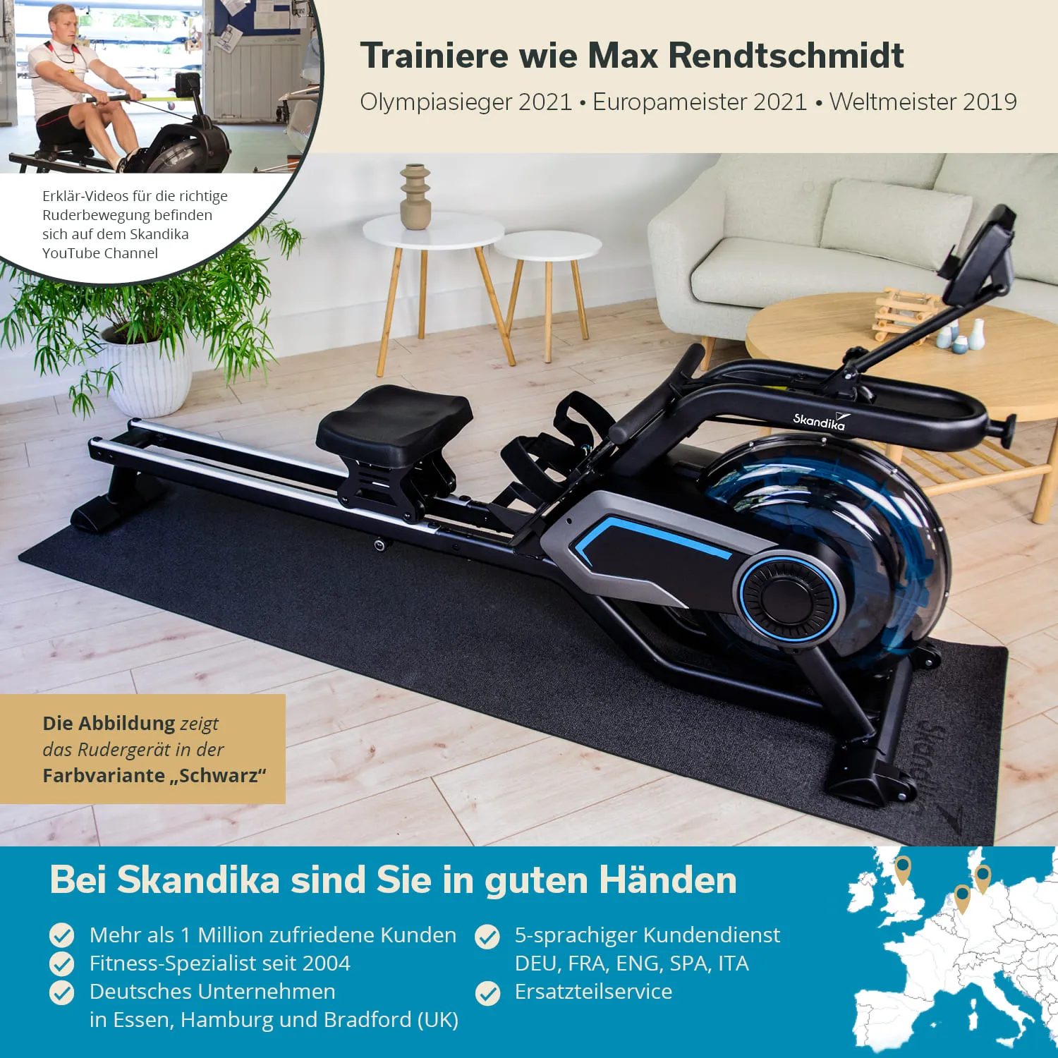 Rudergerät in Schwarz auf schwarzem Untergrund. Im Hintergrund befindet sich ein heller Raum mit Möbeln.