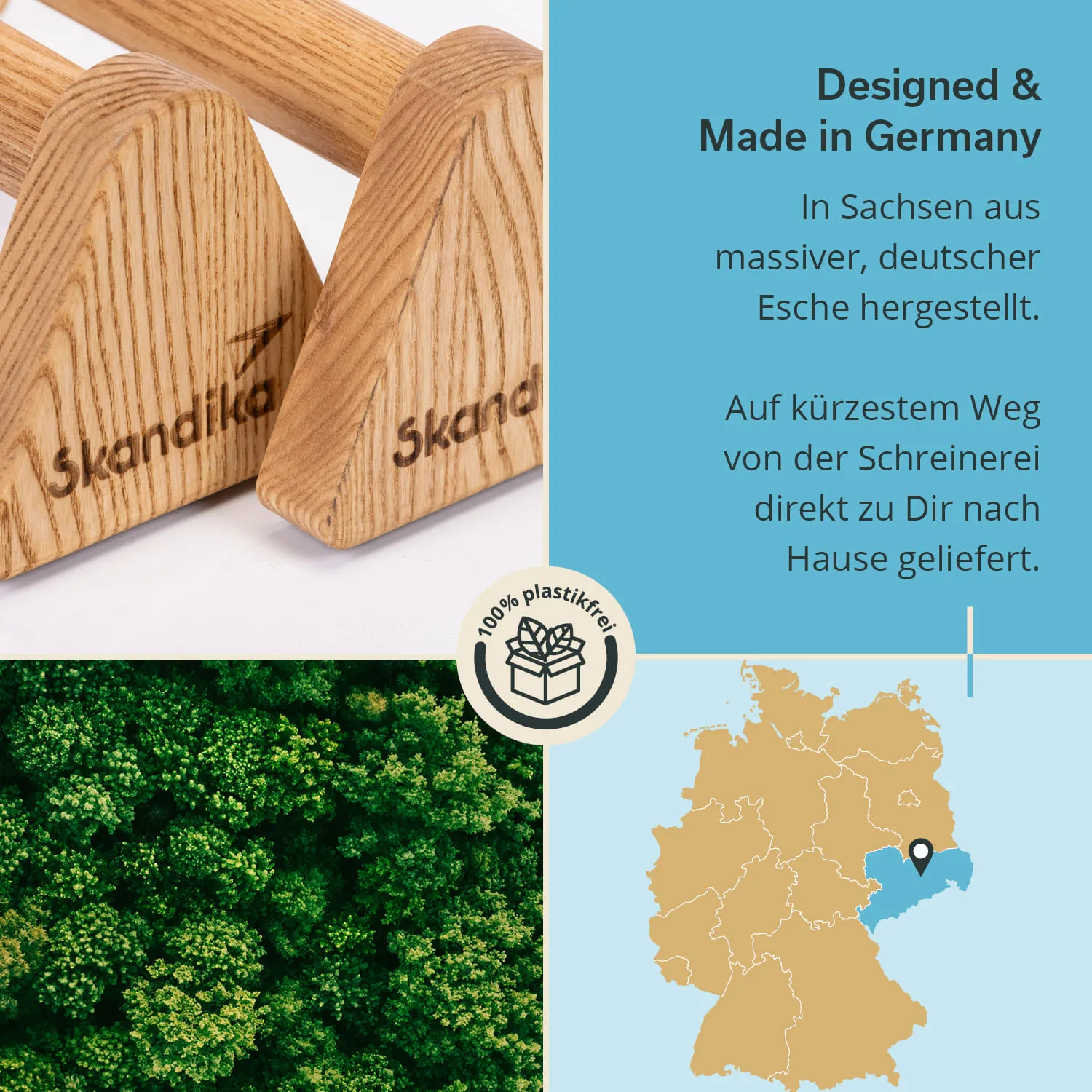 Holzprodukte in Form von Dreiecken mit der Gravur „Skandika“. Text über die Herkunft und Lieferung aus Deutschland, Karte von Deutschland.