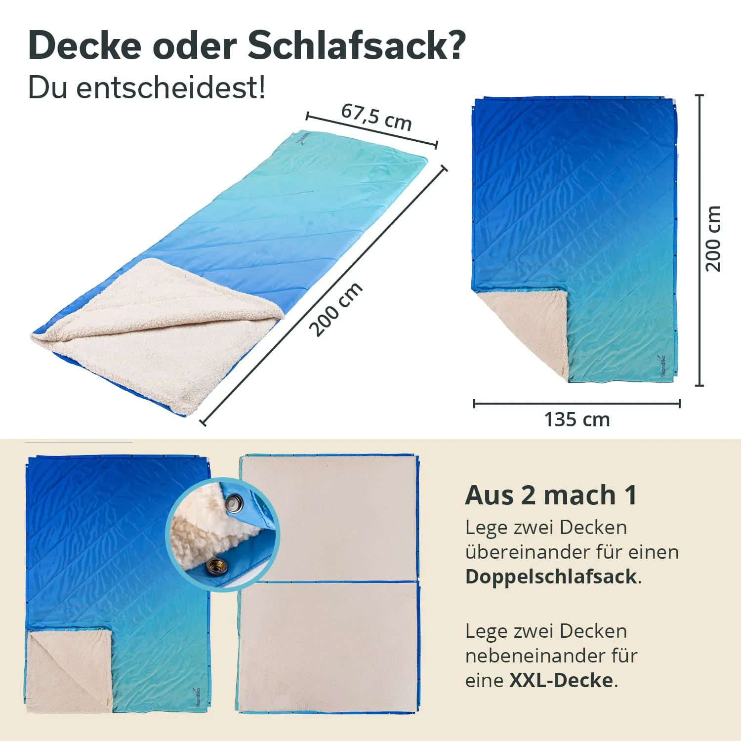 Blaue Decke und Schlafsack mit einer Größe von 200 cm x 67,5 cm. Darstellung der Nutzungsmöglichkeiten und Maße.