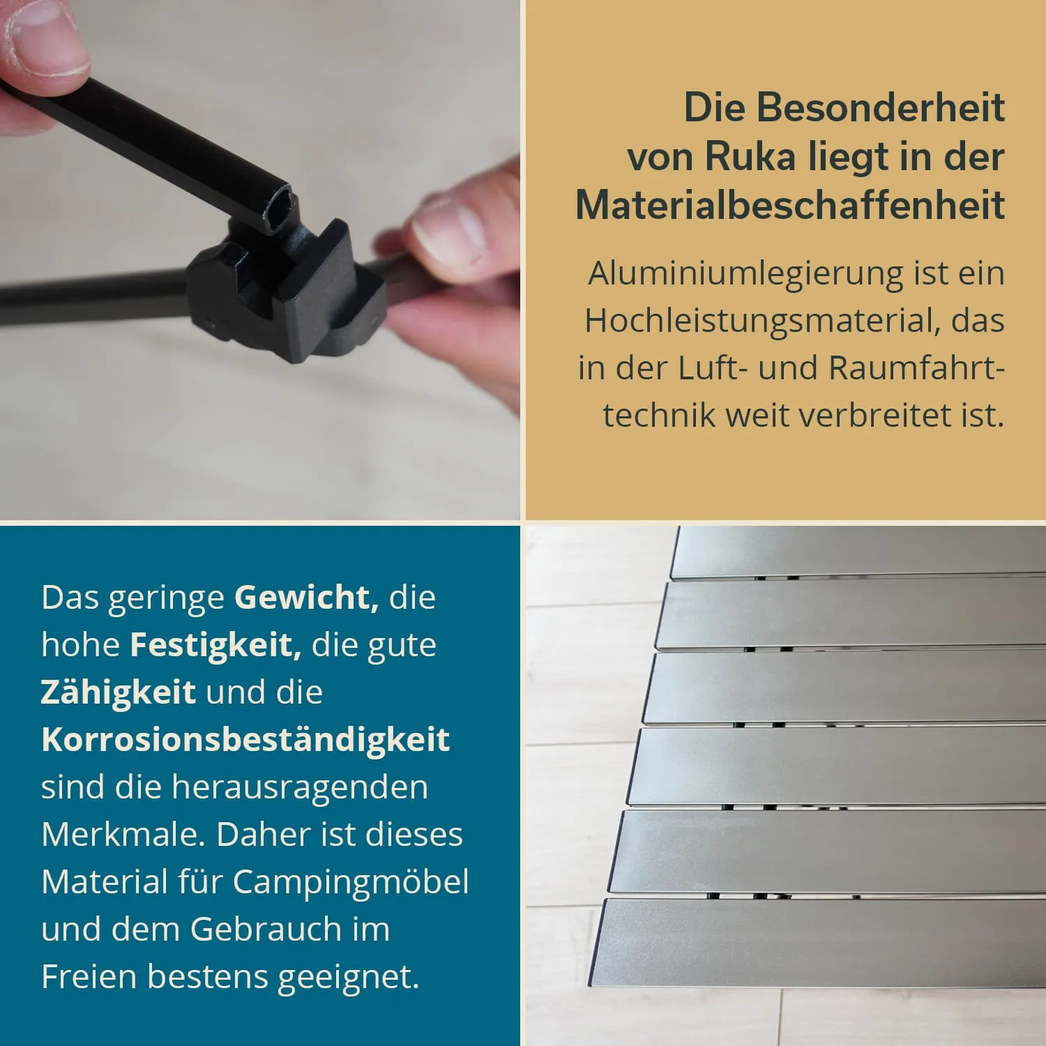Oben: Hände halten ein Element aus Aluminiumlegierung. Unten: Glatte, graue Oberflächen von modularen Bauteilen.