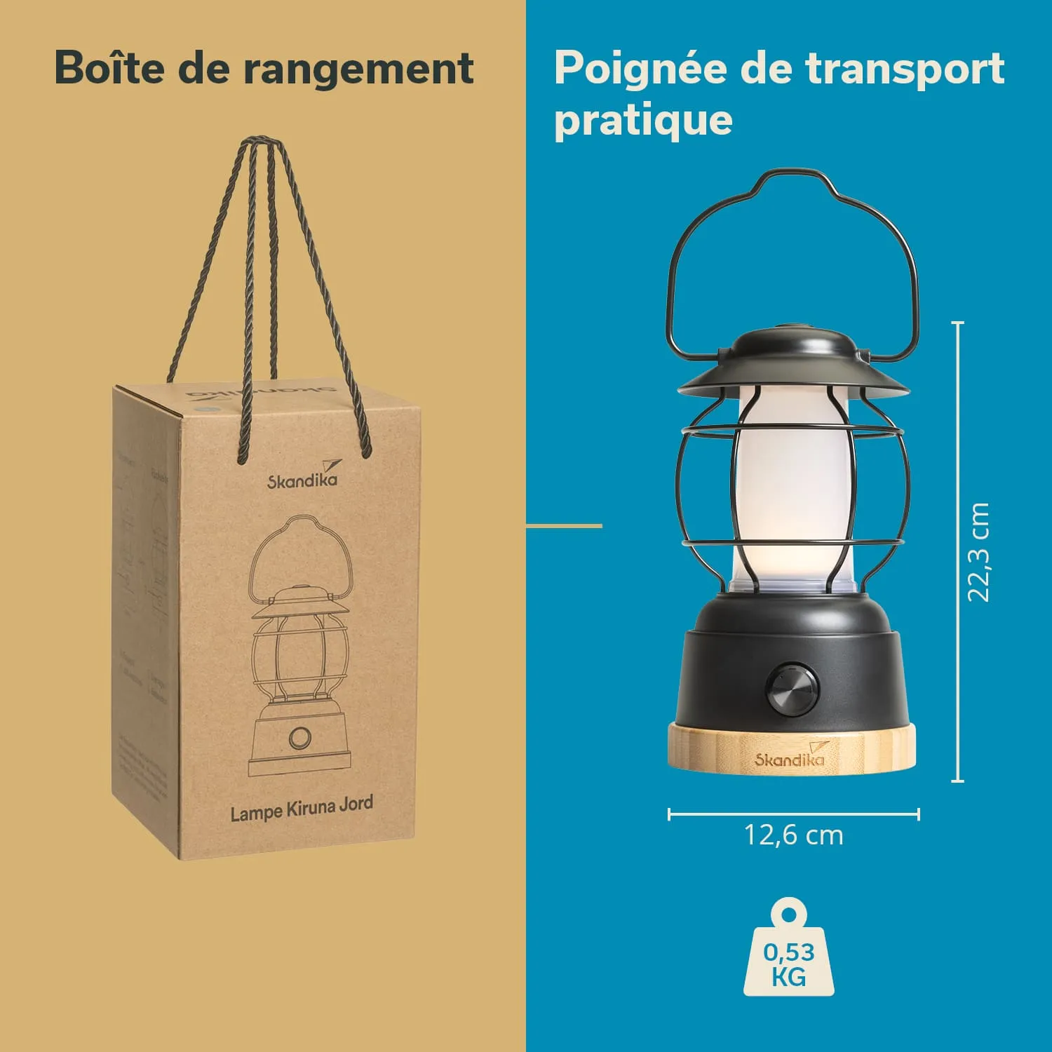 Verpackung einer Lampe in beige mit Griff neben der Lampe selbst, schwarz mit transparentem Lampenschirm und Holzsockel.