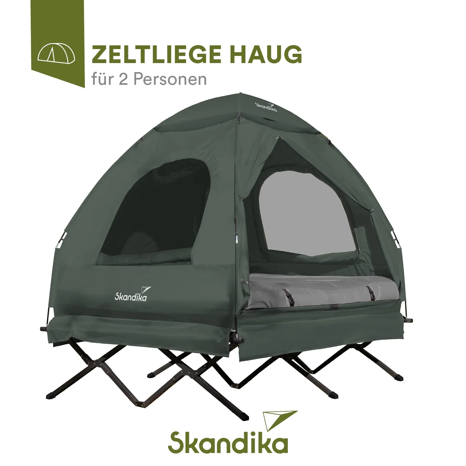 Zeltliege in grün für zwei Personen, mit einem grauen Schlafbereich und zwei Fenstern, auf einem stabilen Gestell platziert.