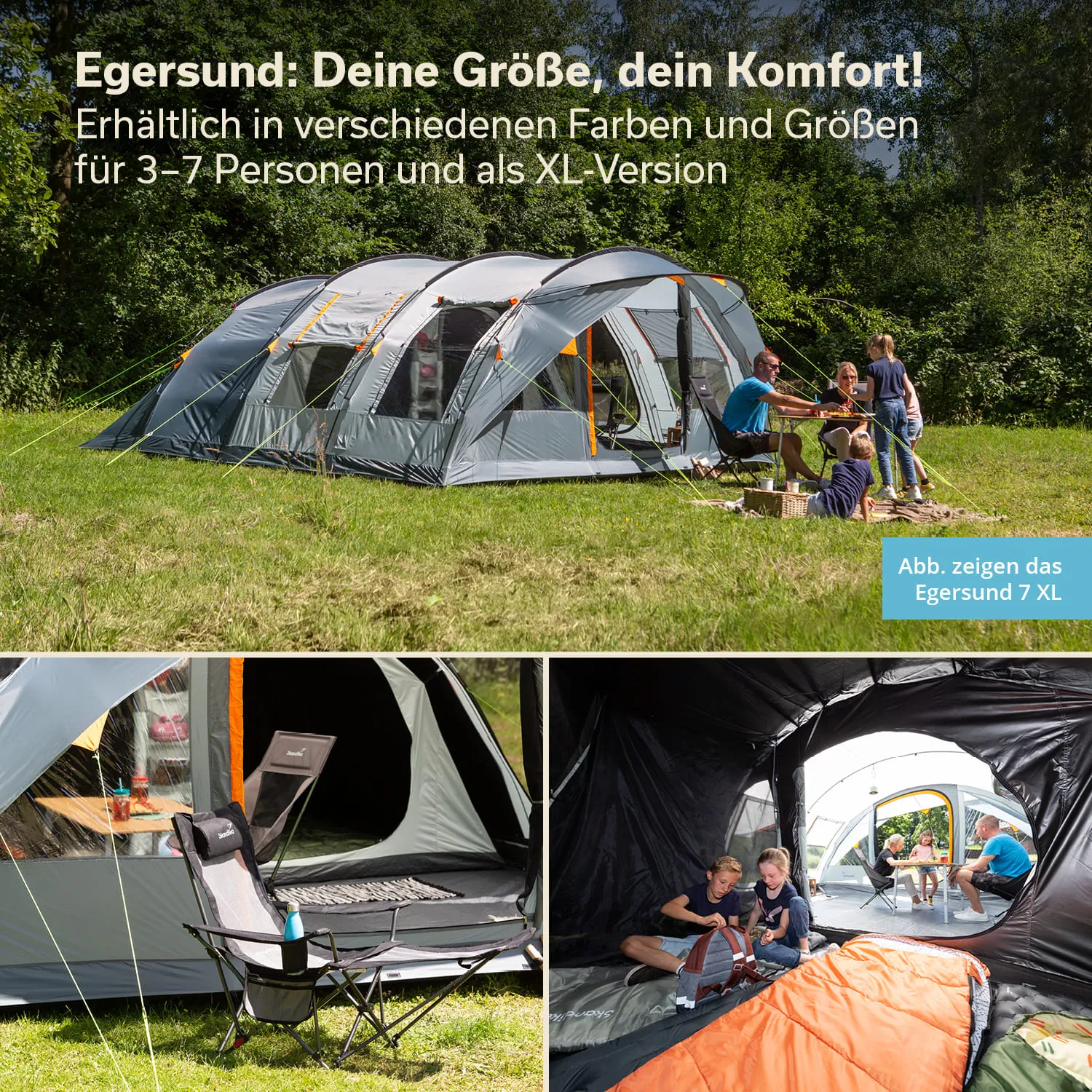 Zelt in grauen und orangen Farben auf einer Wiese, umgeben von Bäumen. Personen sitzen, stehen und spielen, einige Entspannungsmöbel sichtbar.