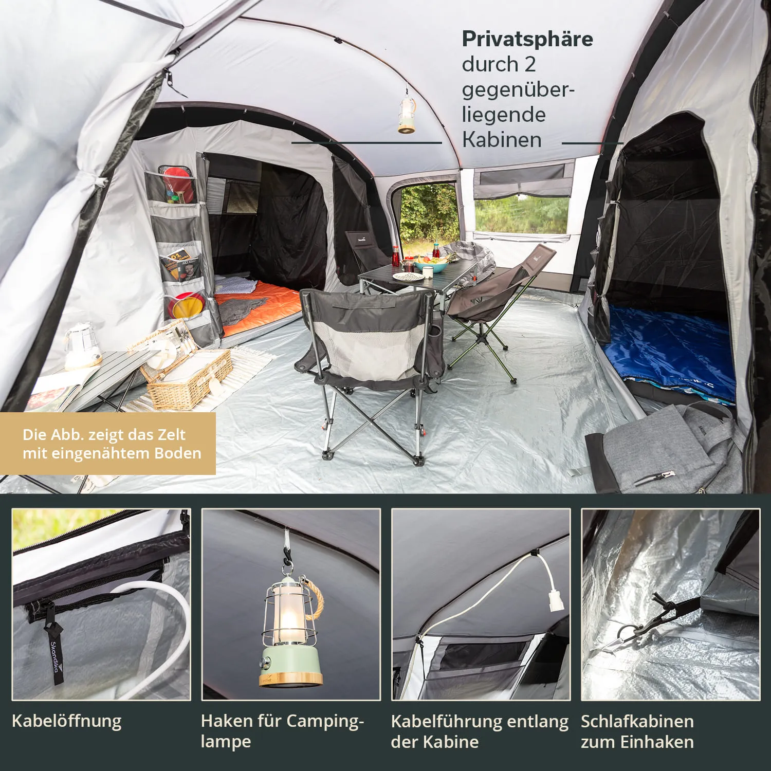 Zelt mit zwei gegenüberliegenden Kabinen, einem Tisch, Stühlen und Campinglampe. Sichtbare Kabelöffnungen und -führungen.