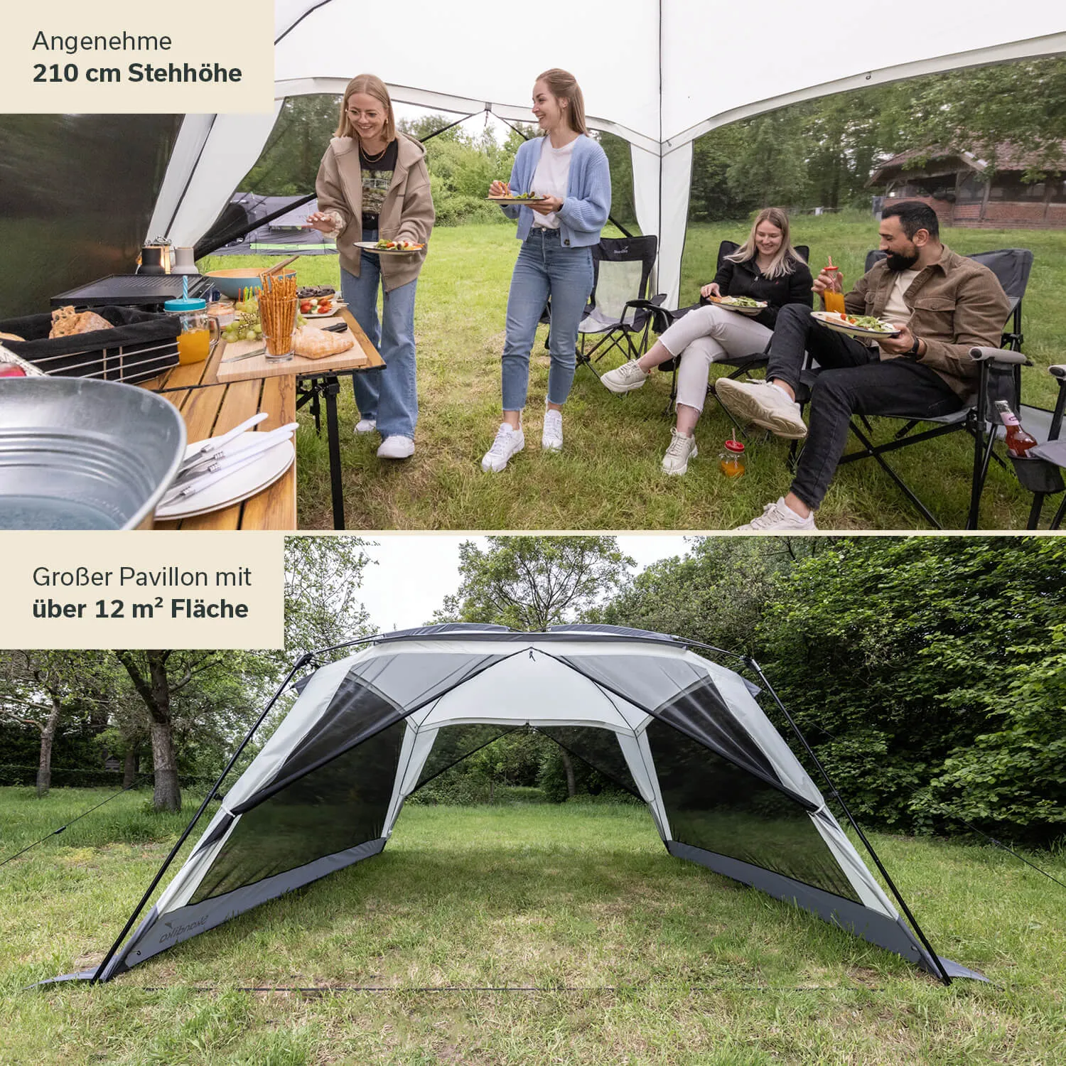 Pavillon mit transparenten Seiten und 210 cm Stehhöhe. Zwei Personen mit Tellern, eine sitzt. Rasenfläche und Bäume im Hintergrund.