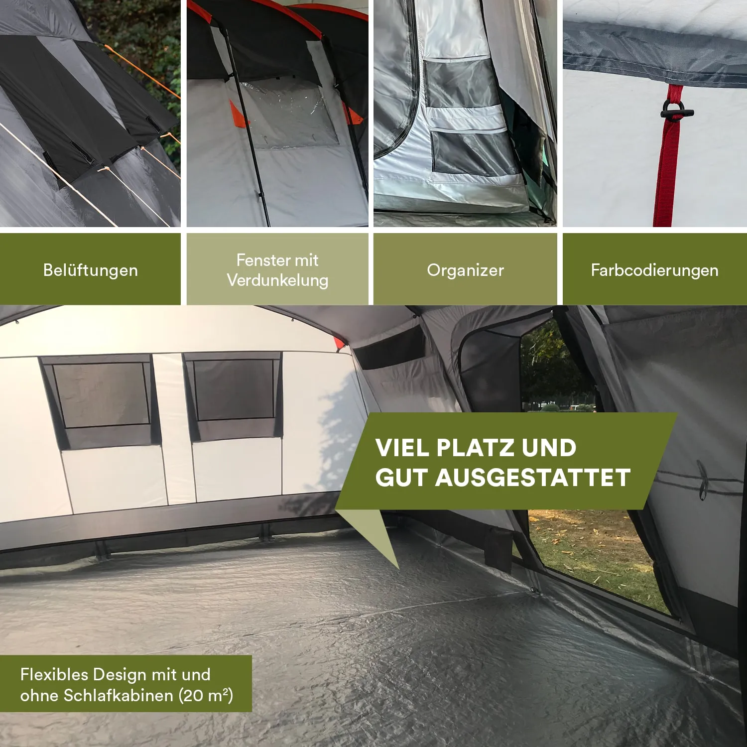 Zelt mit verschiedenen Ansichten: Belüftungen, Verdunklungsfenster, Organizer und farbcodierte Elemente. Innenraum zeigt viel Platz.