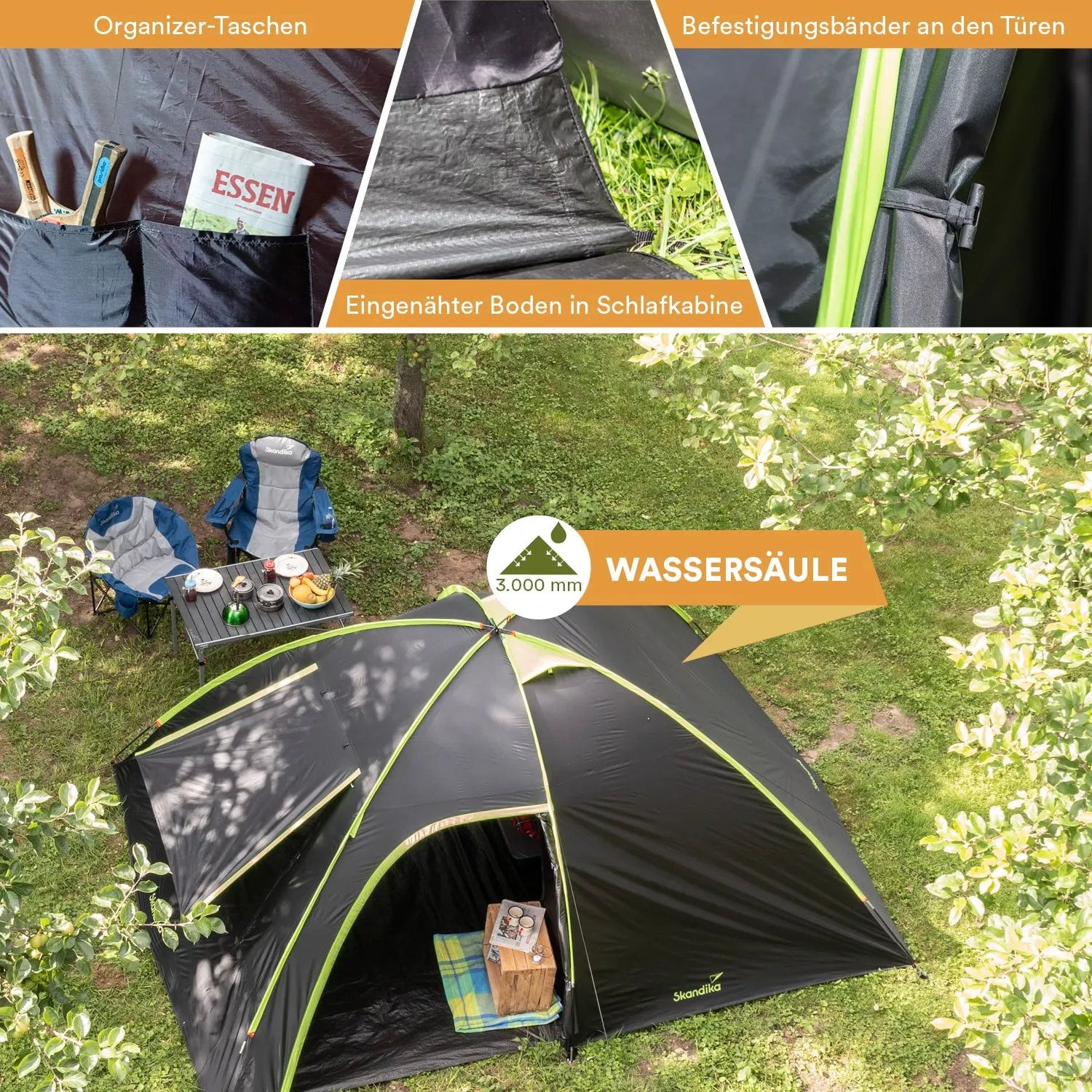 Zelt mit schwarzen und grünen Elementen auf einer Wiese, umgeben von Bäumen. Zwei blaue Stühle und ein Tisch mit Essen und Getränken. Detailaufnahmen von Organizer-Taschen und Befestigungsbändern.