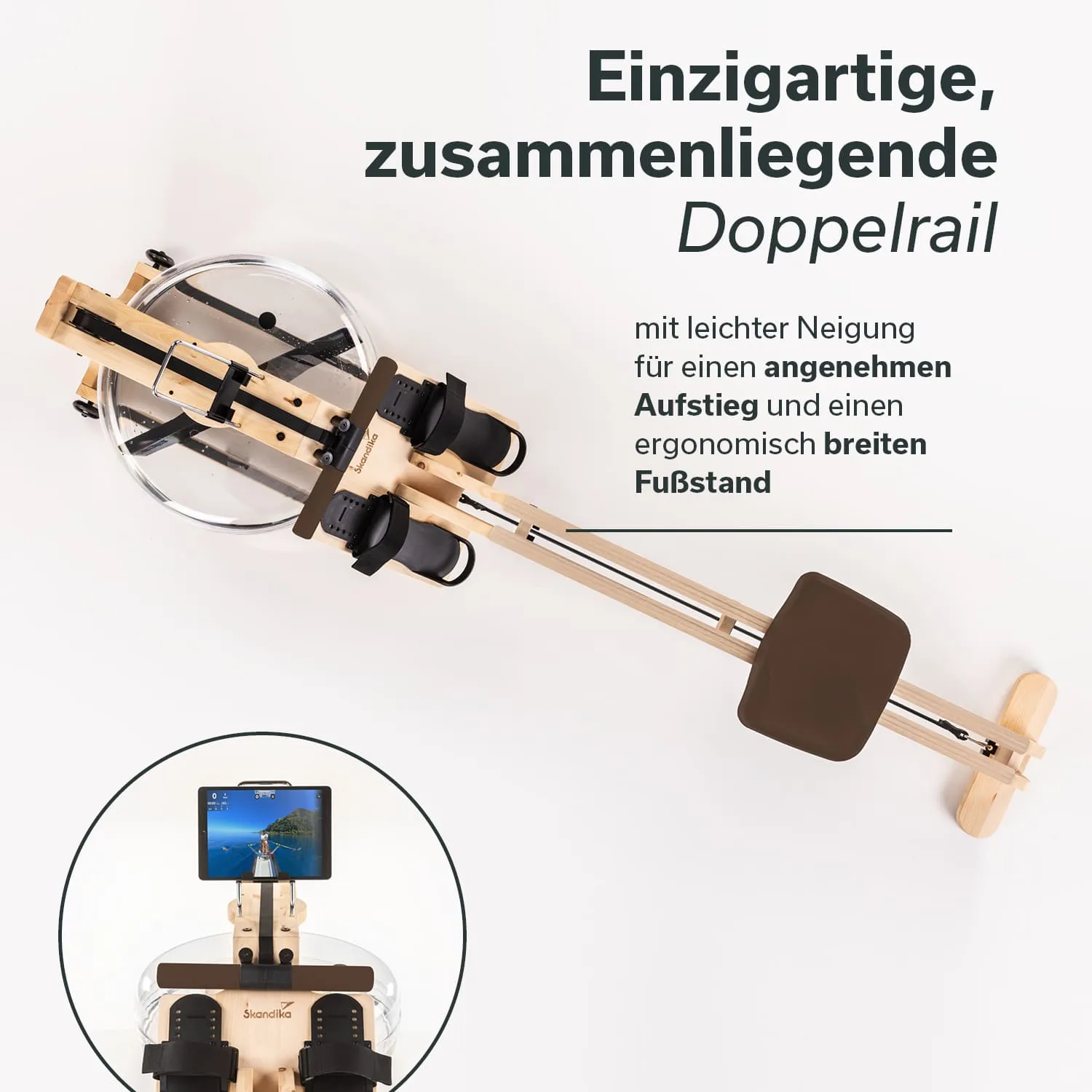 Rudergerät aus Holz mit klarer Wasserbehälter-Dekoration, breitem, ergonomischen Fußstand und Halterung für ein Gerät.