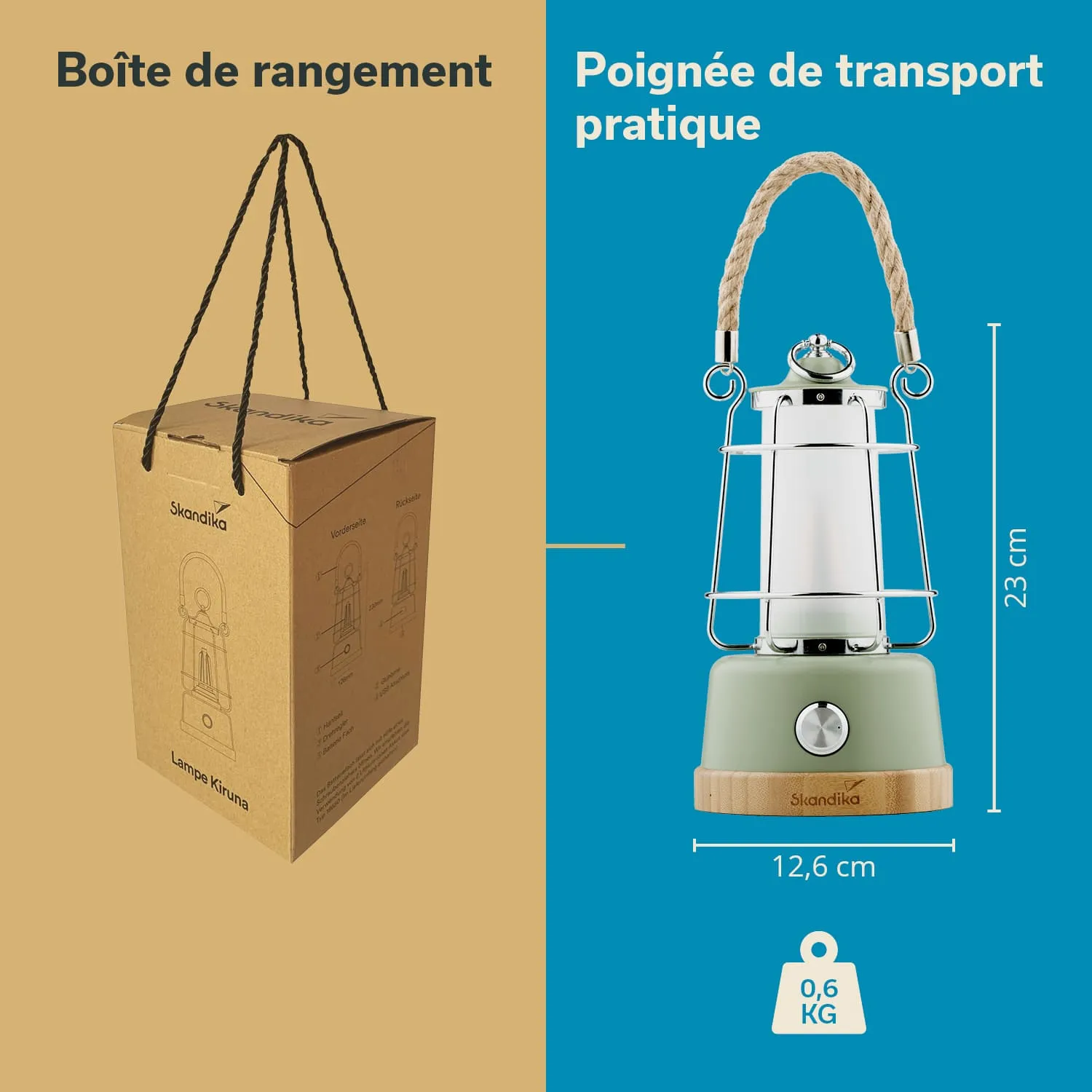 Eine Verpackung für eine Lampe auf der linken Seite und eine praktische Lampe mit Henkel auf der rechten Seite. Maße und Gewicht sind angegeben.