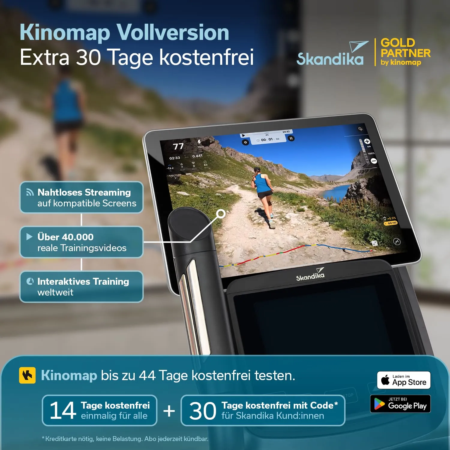 Ein Tablet, das eine Person beim Laufen an einer malerischen Landschaft zeigt. Überlagernde Textinformationen zu Kinomap und Skandika mit Testangeboten.