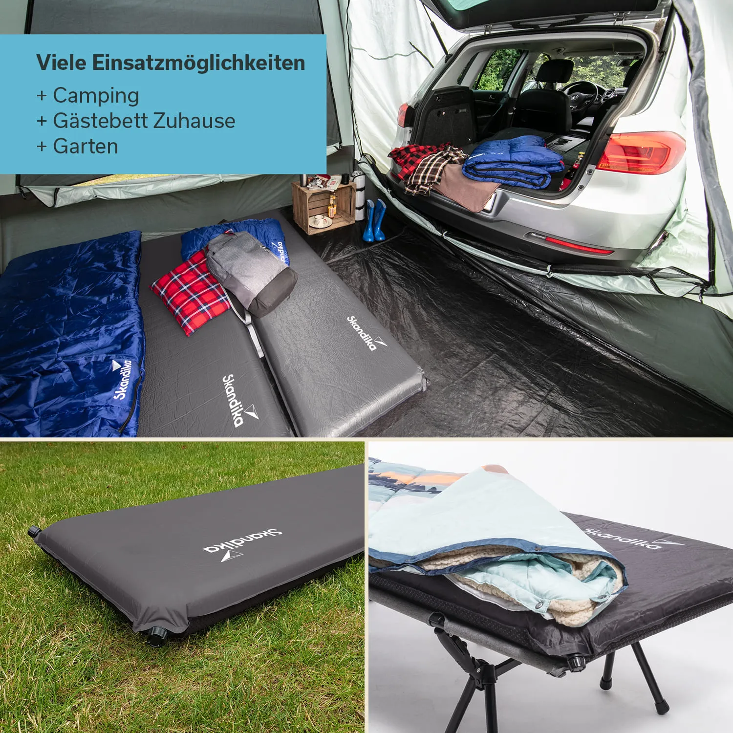 Campingmatratzen auf dem Boden eines Zeltinneren mit geöffnetem Auto, zusätzlich zwei Matratzen auf Gras und einer zusammenklappbaren Liege.