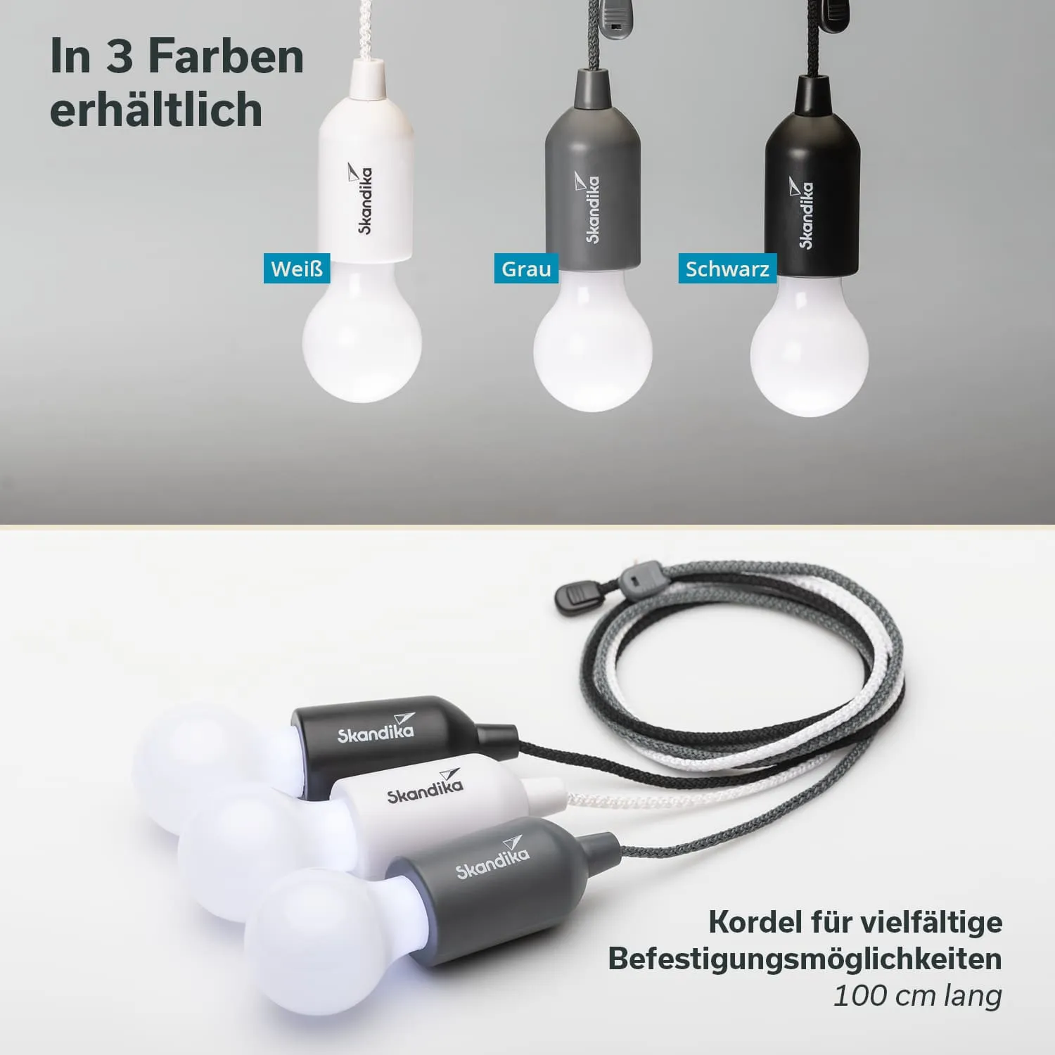 Drei Hängeleuchten in Weiß, Grau und Schwarz, jeweils mit Glühbirne, auf einem Tisch mit einer Kordel für Befestigungen.