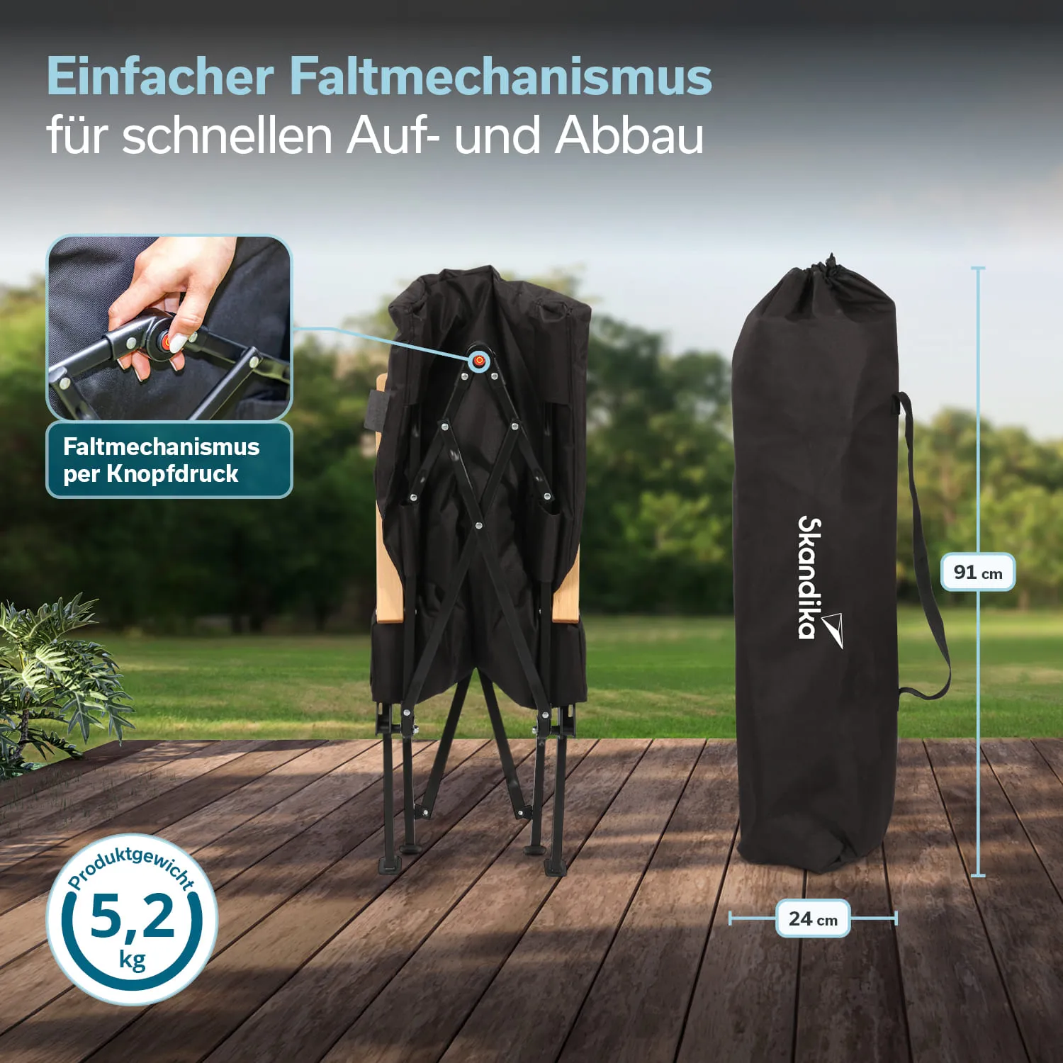 Faltstuhl mit schwarzem Bezug und Holzgriffen, zusammengeklappt und in einer Tragetasche. Maße und Gewicht 5,2 kg angegeben.