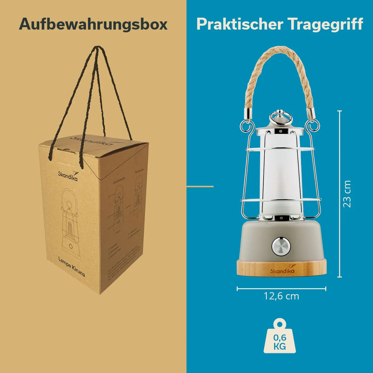 Auf der linken Seite eine braune Aufbewahrungsbox mit Tragegriff, auf der rechten Seite eine Lampe mit einem praktischen Tragegriff, Maße und Gewicht angegeben.