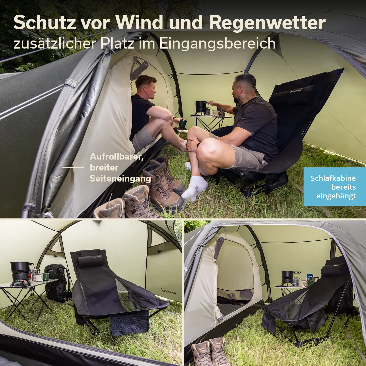 Zwei Personen sitzen in einem Zelt mit einem Tisch und Campingstuhl. Zudem sind Rucksack, Schuhe und eine Schlafkabine sichtbar.