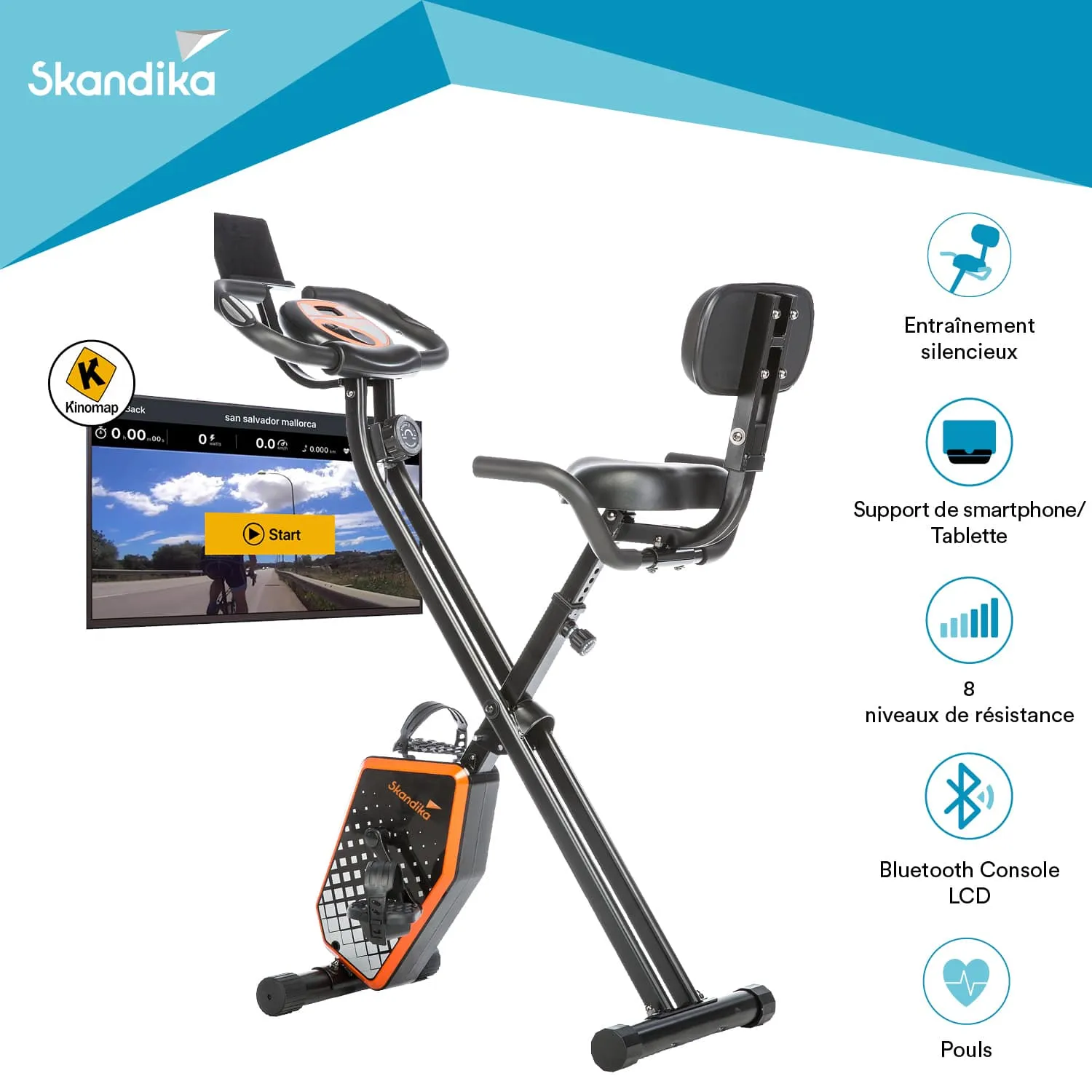 Fahrradtrainer mit Rückenlehne, LCD-Konsole, Halterung für Smartphone/Tablet und Bluetooth-Funktionen.