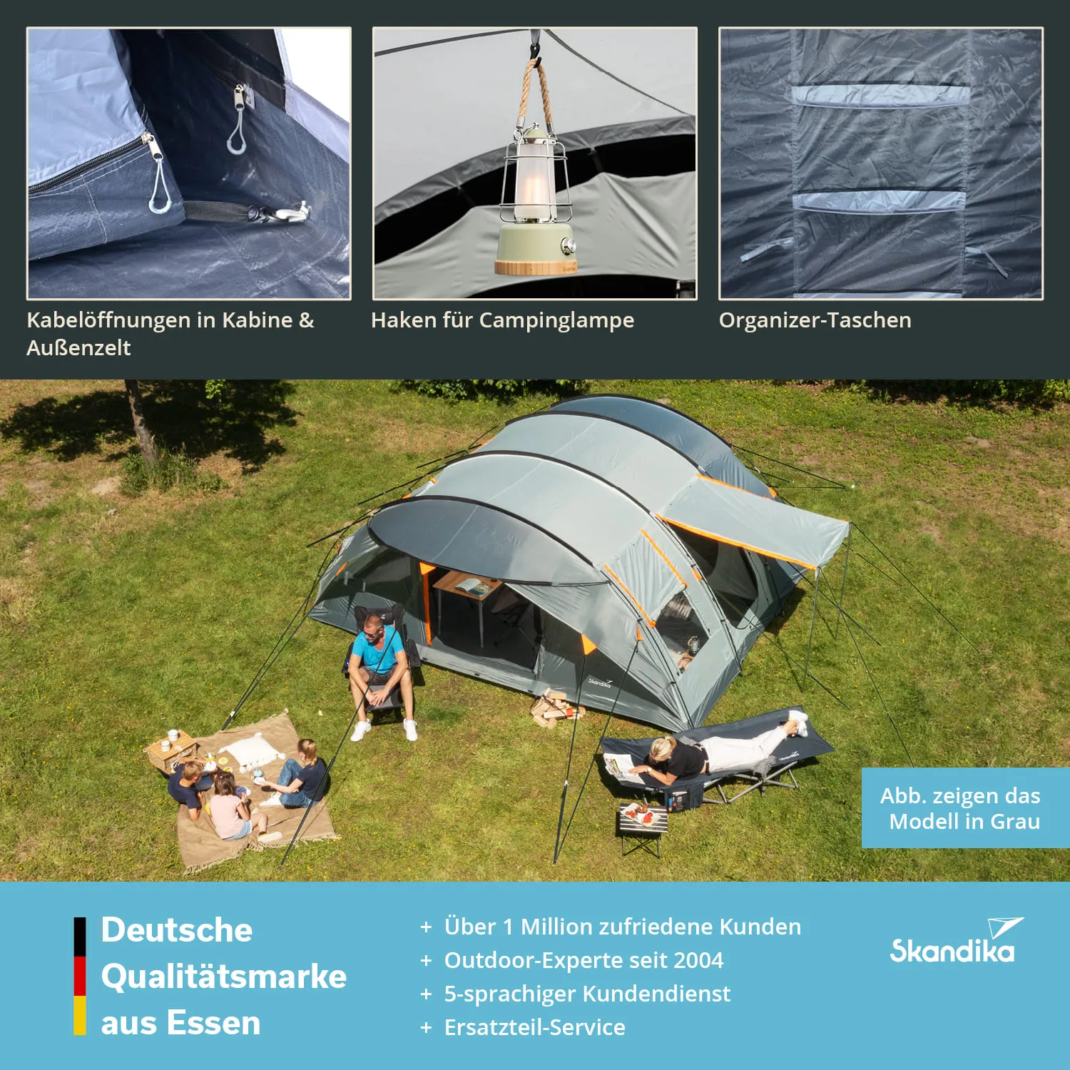 Zelt in grauer Farbgebung auf Wiese, Personen sitzen und entspannen, innen Stauräume, Haken für Lampe, Kabelöffnungen sichtbar.