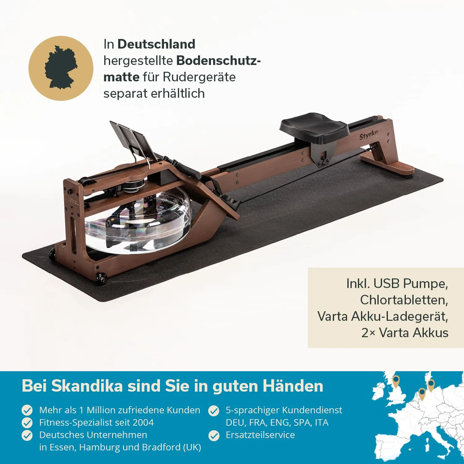 Rudergerät mit Holzrahmen und gläsernem Wassertank auf einer Bodenschutzmatte, mit Textinformationen zur Herkunft und Zubehör.