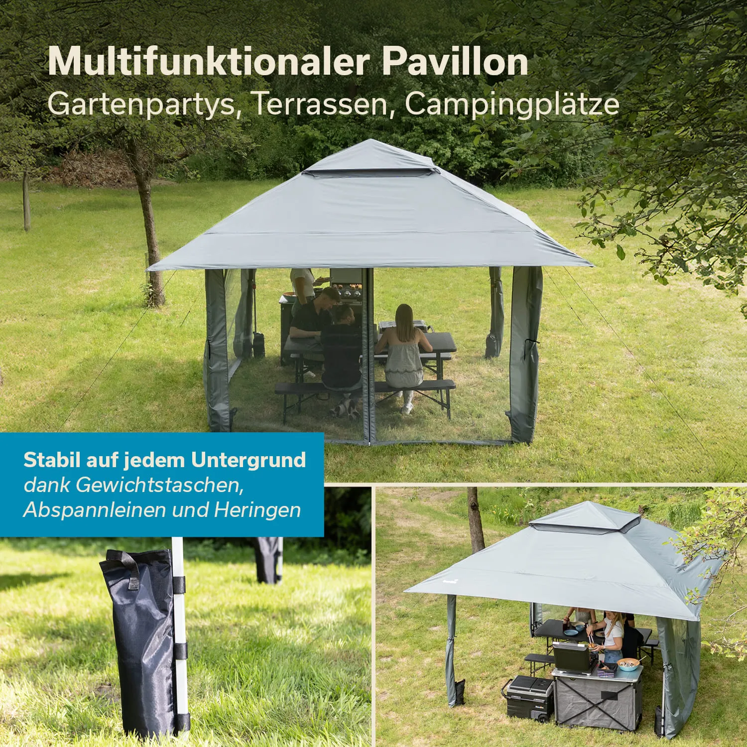 Multifunktionaler Pavillon auf einer Wiese, umgeben von Bäumen. Eine Gruppe von Personen sitzt an einem Tisch darunter. Zweiteilige Ansicht mit Details zu Stützbeinen und Gewichtsversorgung.