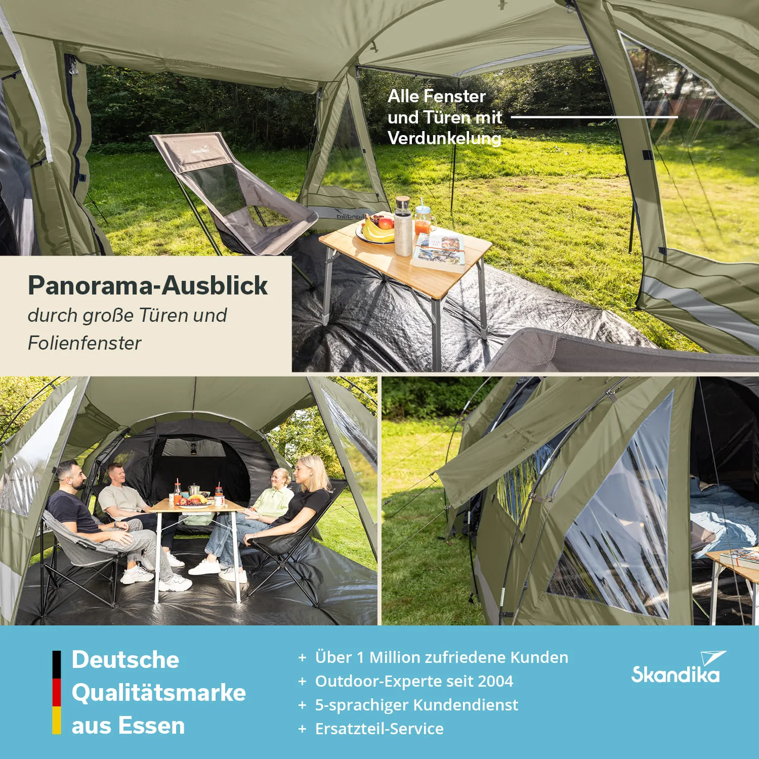 Zelt mit großen Fenstern und Türen. Vier Personen sitzen an einem Tisch mit Snacks. Rasenfläche im Hintergrund.