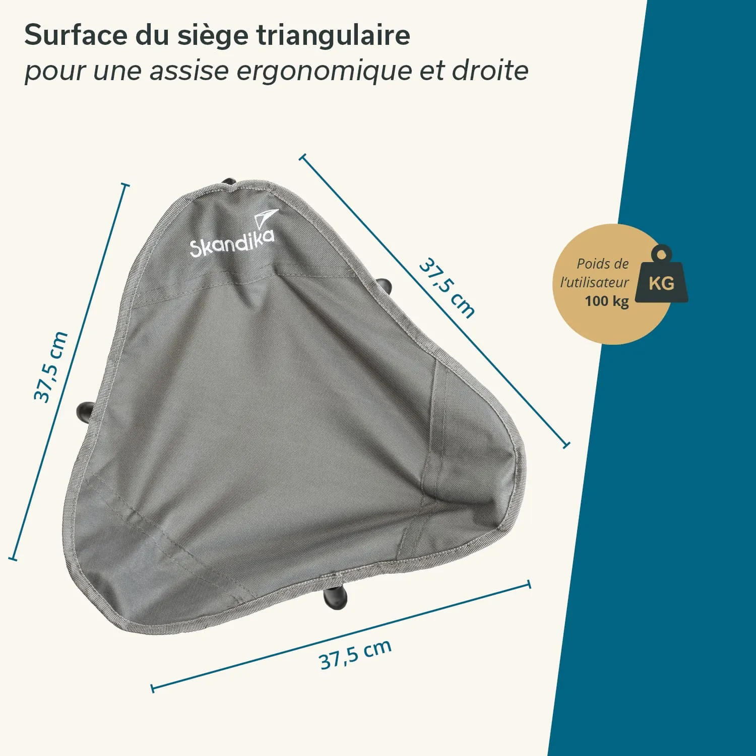 Dreieckiger Sitz mit Maßangaben von 37,5 cm auf jeder Seite. Druck mit dem Namen "Skandika" und Benutzergewicht von 100 kg.