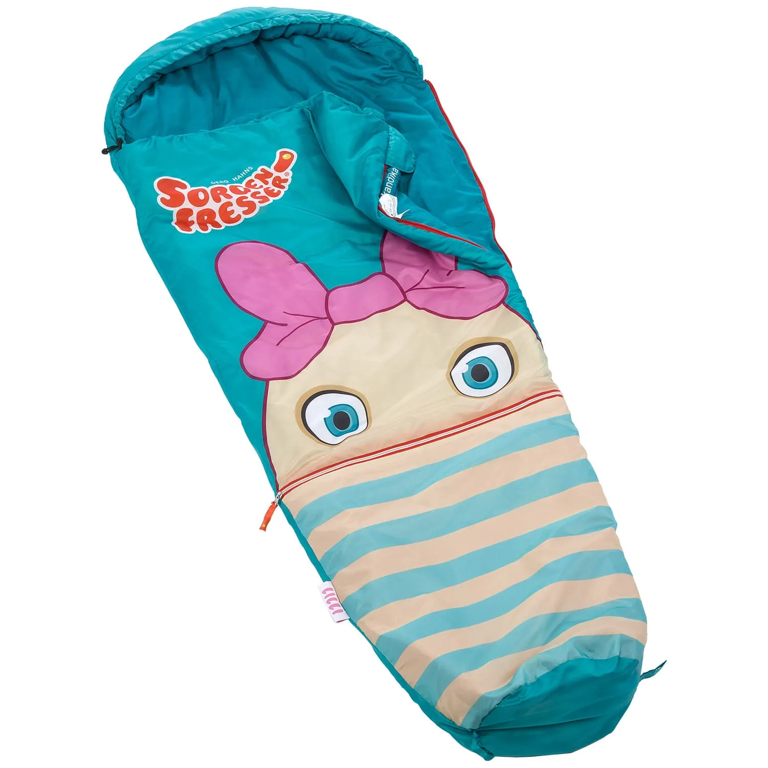 Schlafsack in türkis mit einem Gesicht, das große Augen und eine pinke Schleife zeigt, gestreifte beige Elemente.