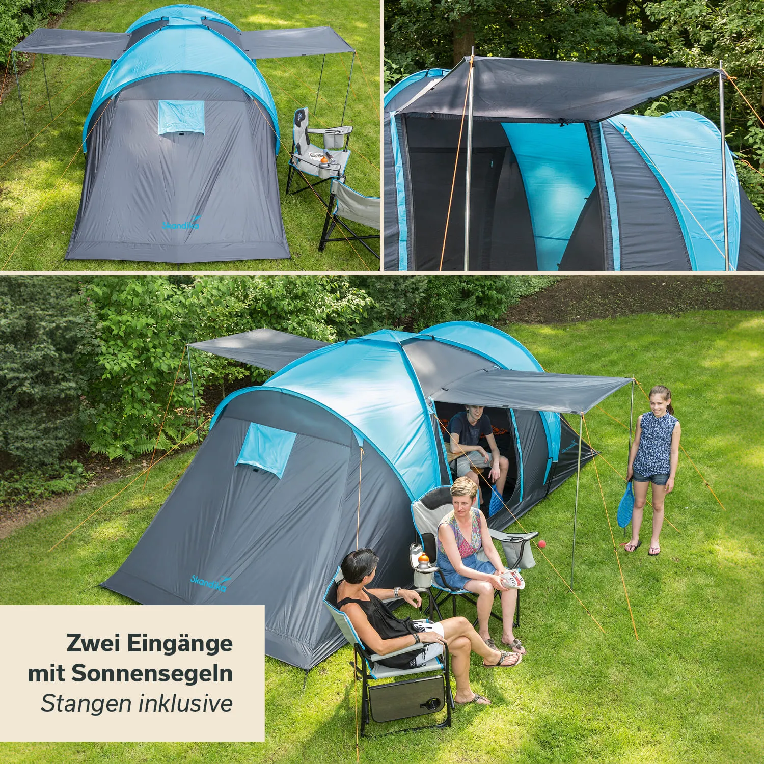 Zelt mit zwei Eingängen und Sonnensegeln, umgeben von Rasen. Zwei Personen sitzen davor, eine Person steht daneben.