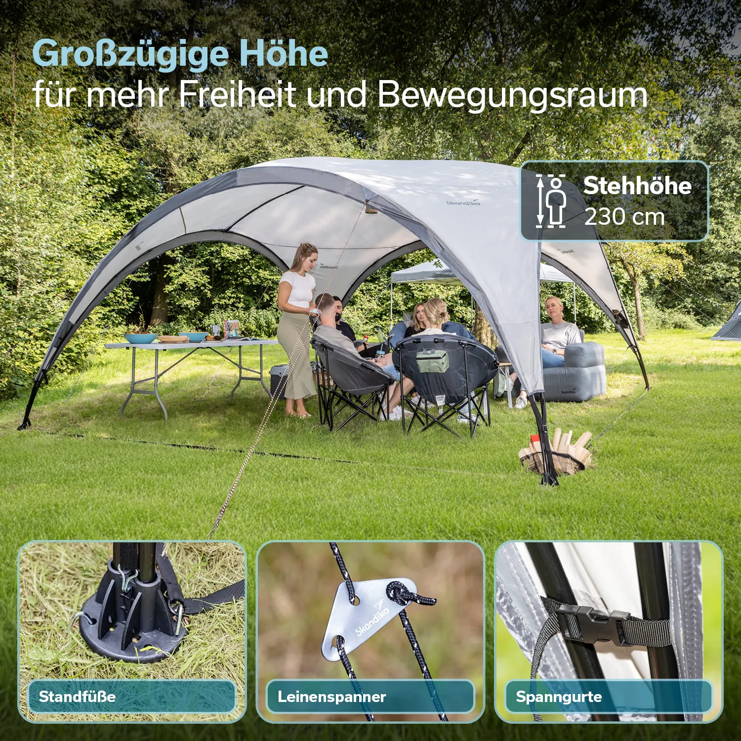 Eine große, graue Gartenmarkise steht auf einer Wiese. Darunter sitzen mehrere Personen auf Klappstühlen und interagieren. Ein Tisch mit Snacks ist im Hintergrund zu sehen. An der Seite sind Standfüße, Leinen- und Spannsysteme abgebildet.