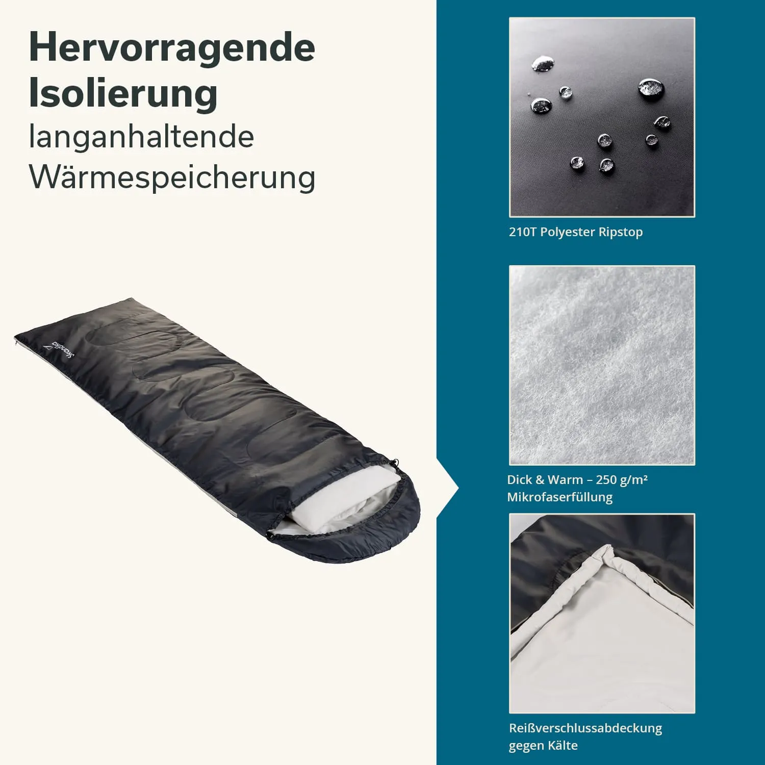 Schlafsack in Schwarz mit weißer Füllung, beschrieben mit isolierenden Eigenschaften und Details zur Mikrofaserfüllung.