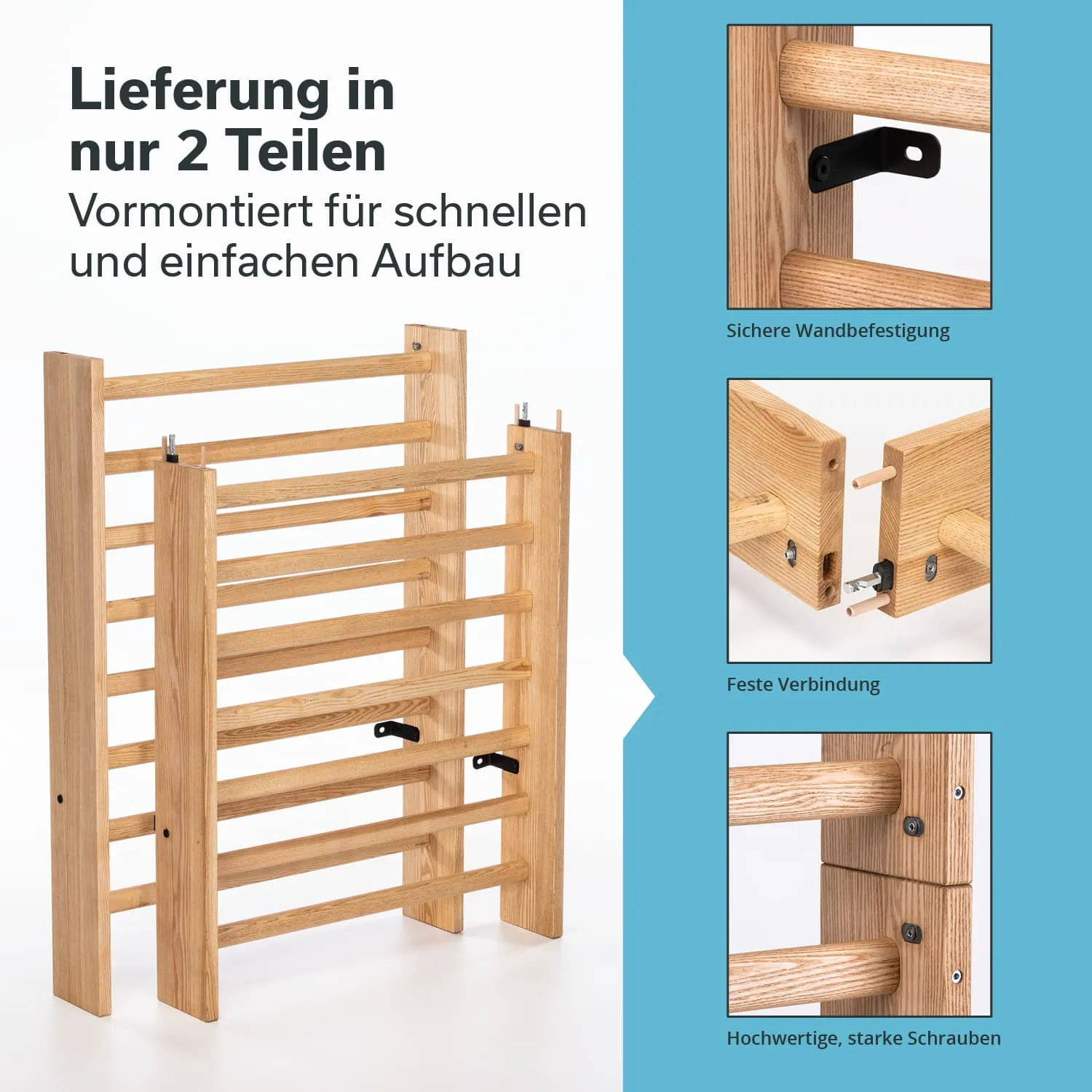 Regalsystem aus Holz in zwei Teilen, mit klarer Anleitung für den einfachen Aufbau. Zusätzliche Details zu Verbindungen und Befestigungen.