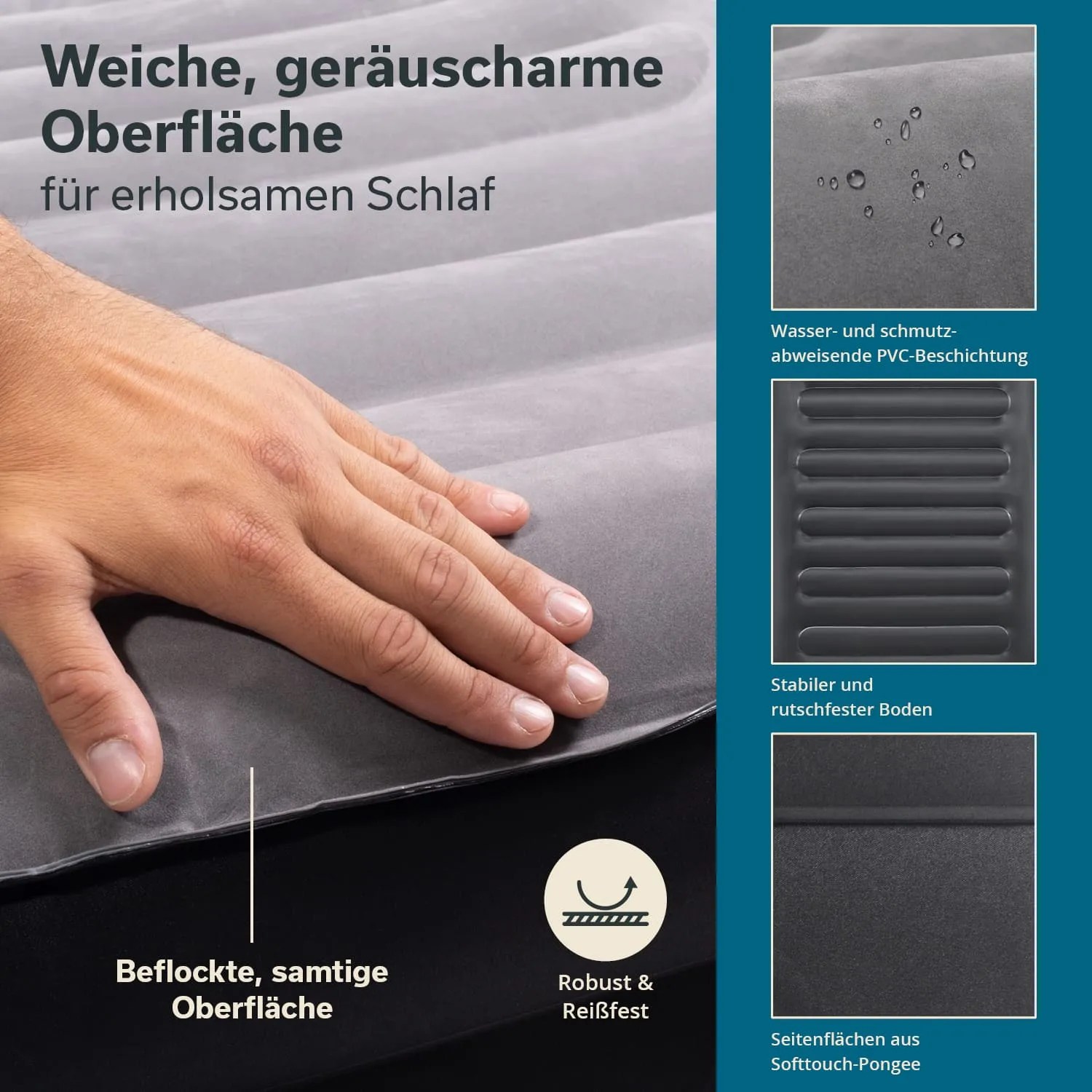 Graue, weiche Oberfläche mit Hand, die eine Matratze berührt. Text mit Eigenschaften der Matratze auf der linken und rechten Seite.